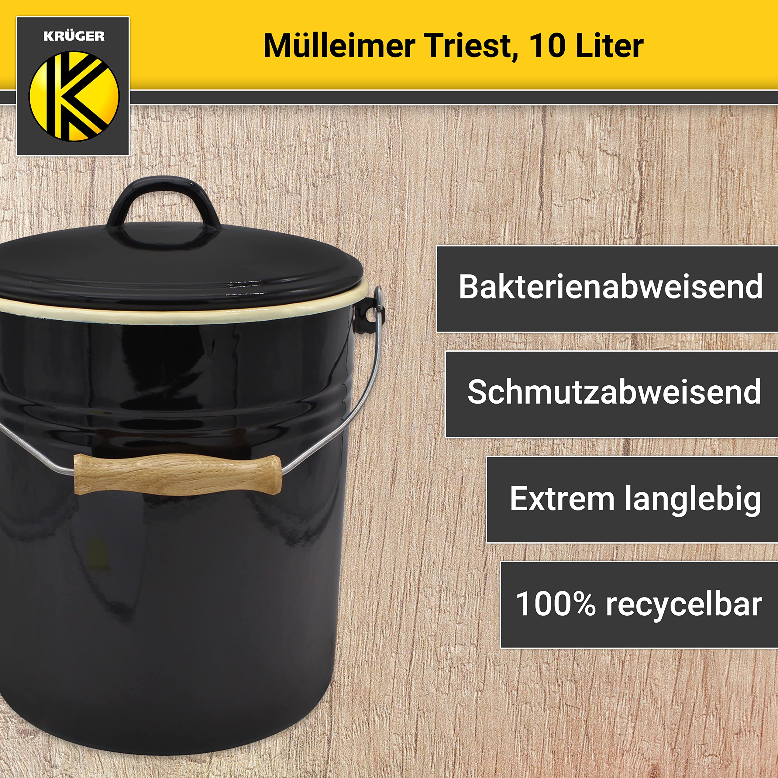 Krüger Poubelle avec couvercle - Poubelle en acier avec revêtement en émail et poignée en bois - Surface résistante aux coupures et aux rayures - Durable et polyvalente (10 l, Triest)