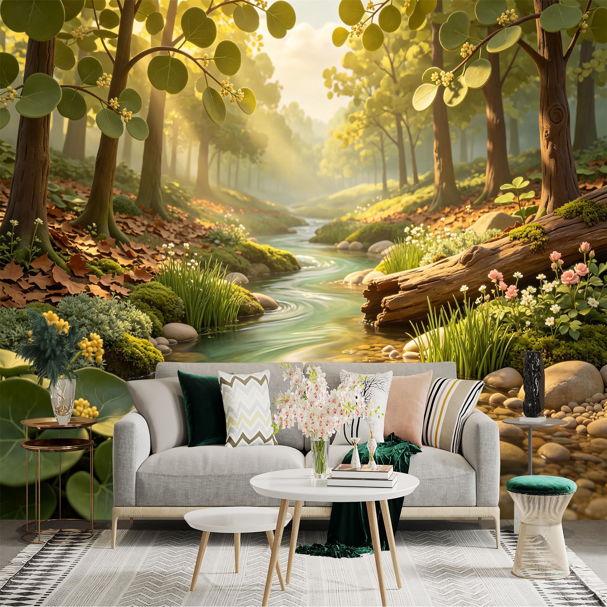 Lnzczhyre Bh260719589 Custom Size Wall Sticker Mural， Enchanted Forest Stream， Sunlit Woodland Landscape， Peaceful Nature Scenery， For Wall Decoration， Peelandstick Wall Decals.