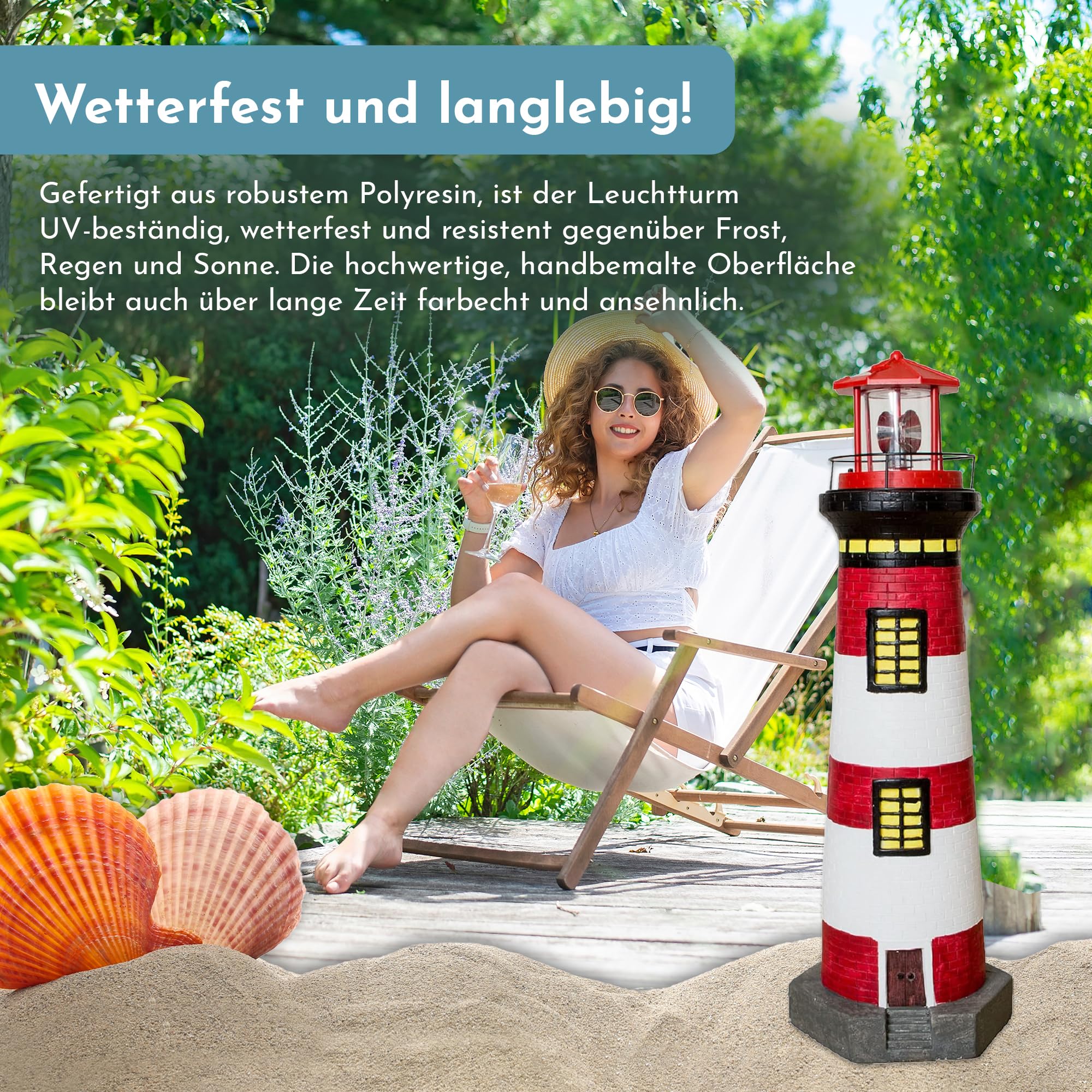 NATIV LEMODO Gartendeko Leuchtturm 83cm hoch | Handbemalte Gartenfigur mit solarbetriebenem, rotierendem Leuchtfeuer | Maritime Außendeko mit LED Beleuchtung