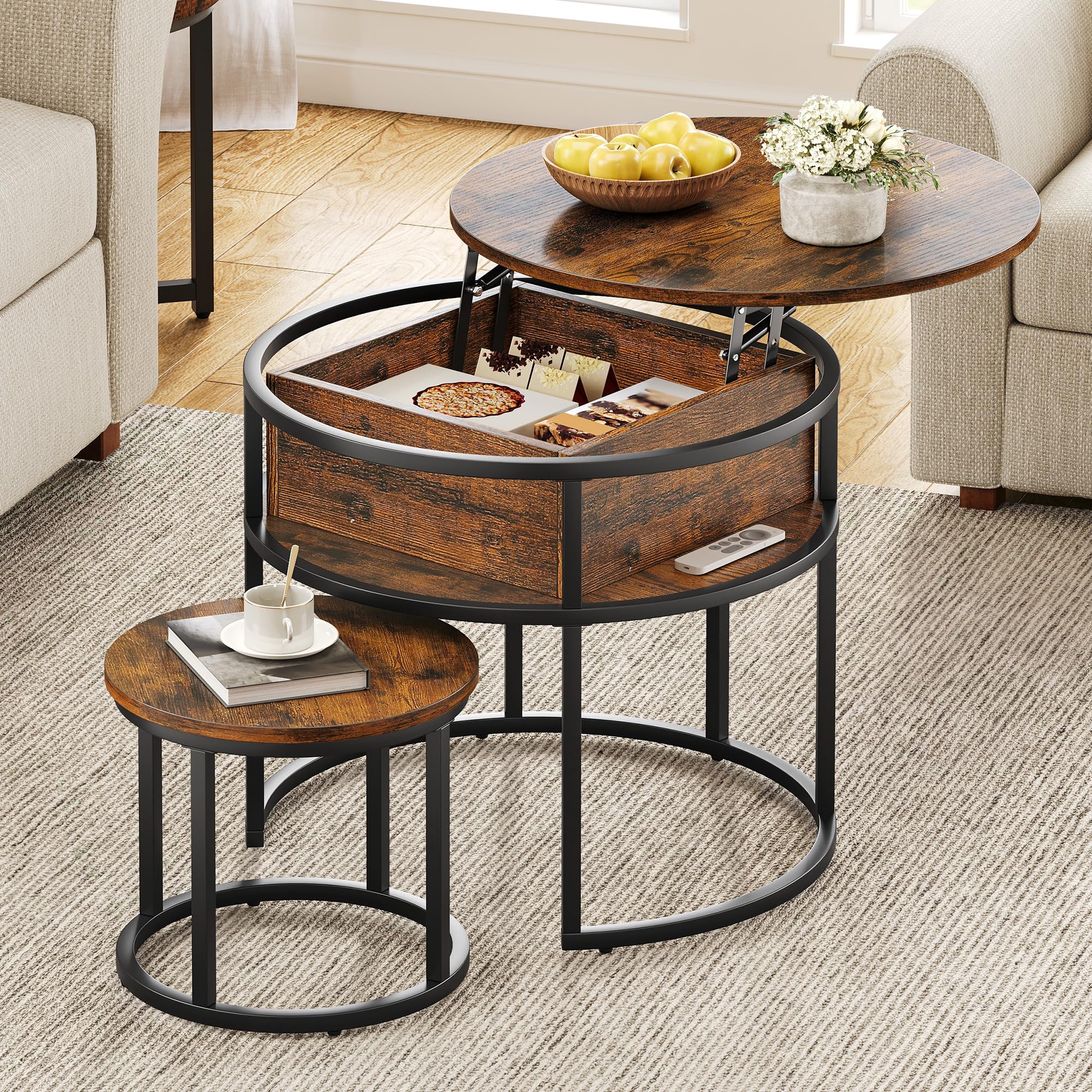 YITAHOME Table Basse Salon Relevable Ronde Bois avec Espace de Rangement et Plateau de Levage, Table Basse Gigogne pour Salon, 60x60x50 cm, 38x38x30 cm