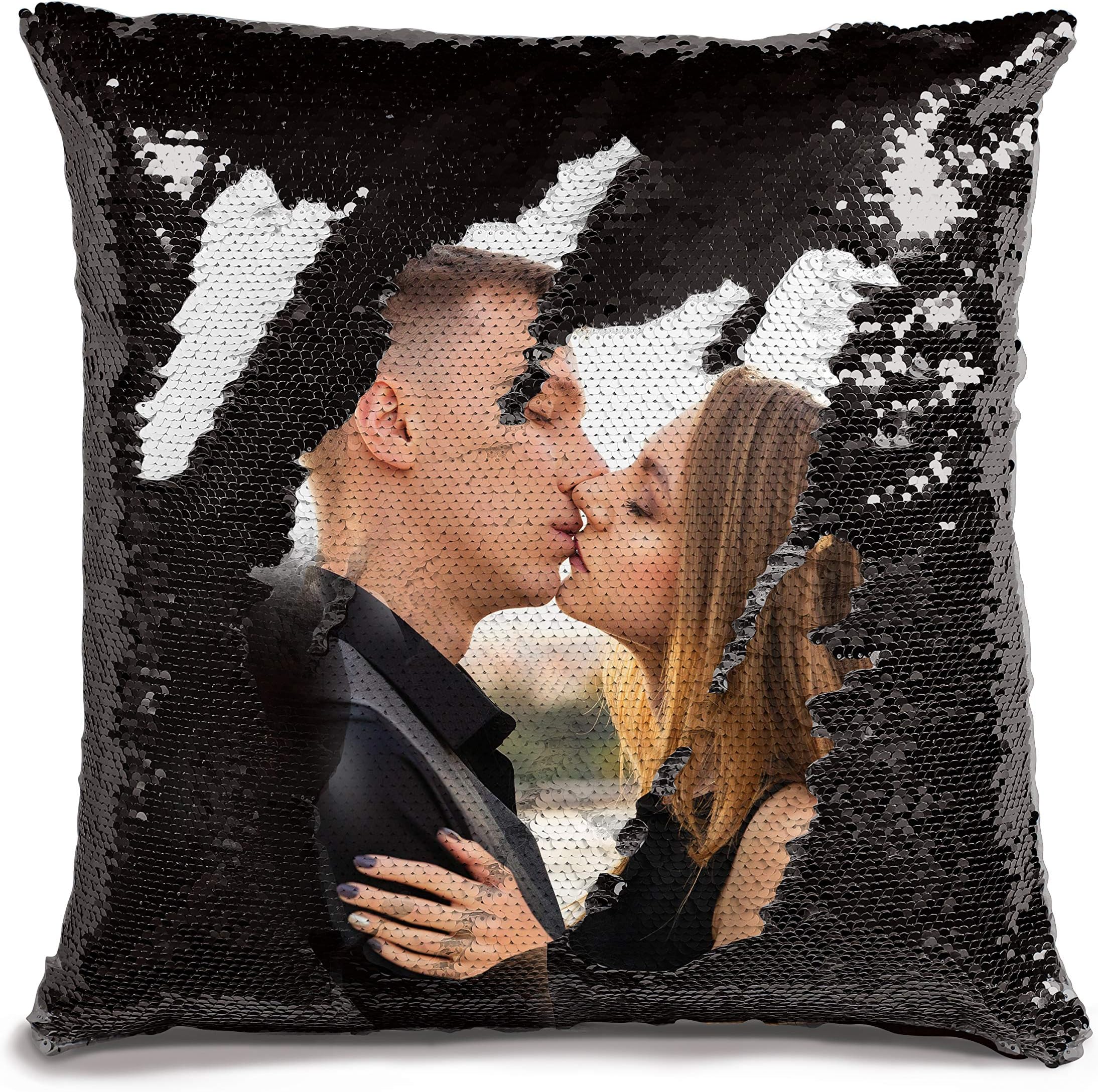 Customization Mill Custom Photo Sequin Pillow Case w Picture | Black Mermaid Sequin Pillow Case | Magic Reversible Throw Pillowcases - Personalized Gifts for Men, Women, Couples