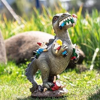 SOWSUN 14" Dinosaur Eating Gnome Garden Statue - Weatherproof Resin Outdoor Decor for Patio Lawn Yard, Whimsical Housewarming Gift