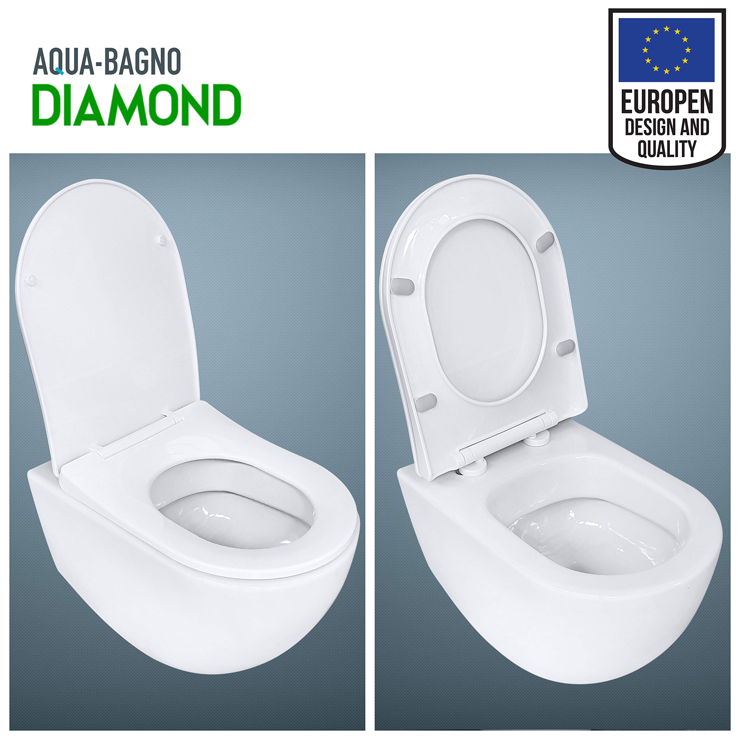 Aqua Bagno Diamond Diamond Universal D-Form Premium - sedile WC di alta qualità in polipropilene con chiusura softclose ed estraibile - sedile WC - coperchio WC