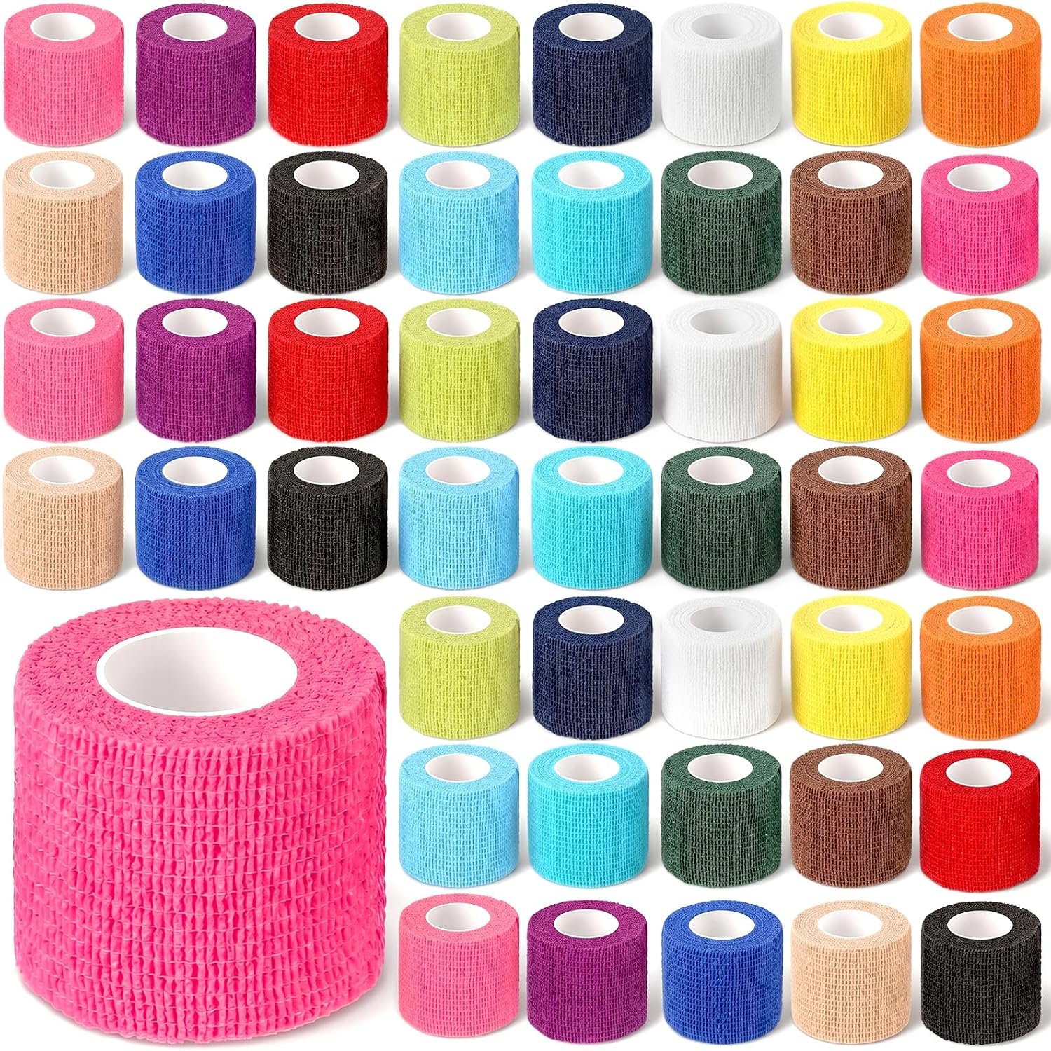 48 Pack 2 Inch x 5 Yards Self Adhesive Bandage Wrap Bulk, Self Adherent Cohesive Bandage Elastic Athletic Tattoo Grip Tape, Breathable Vet Wrap for Wrist, Ankle, Fingers, Sports & Pets (Multicolored)