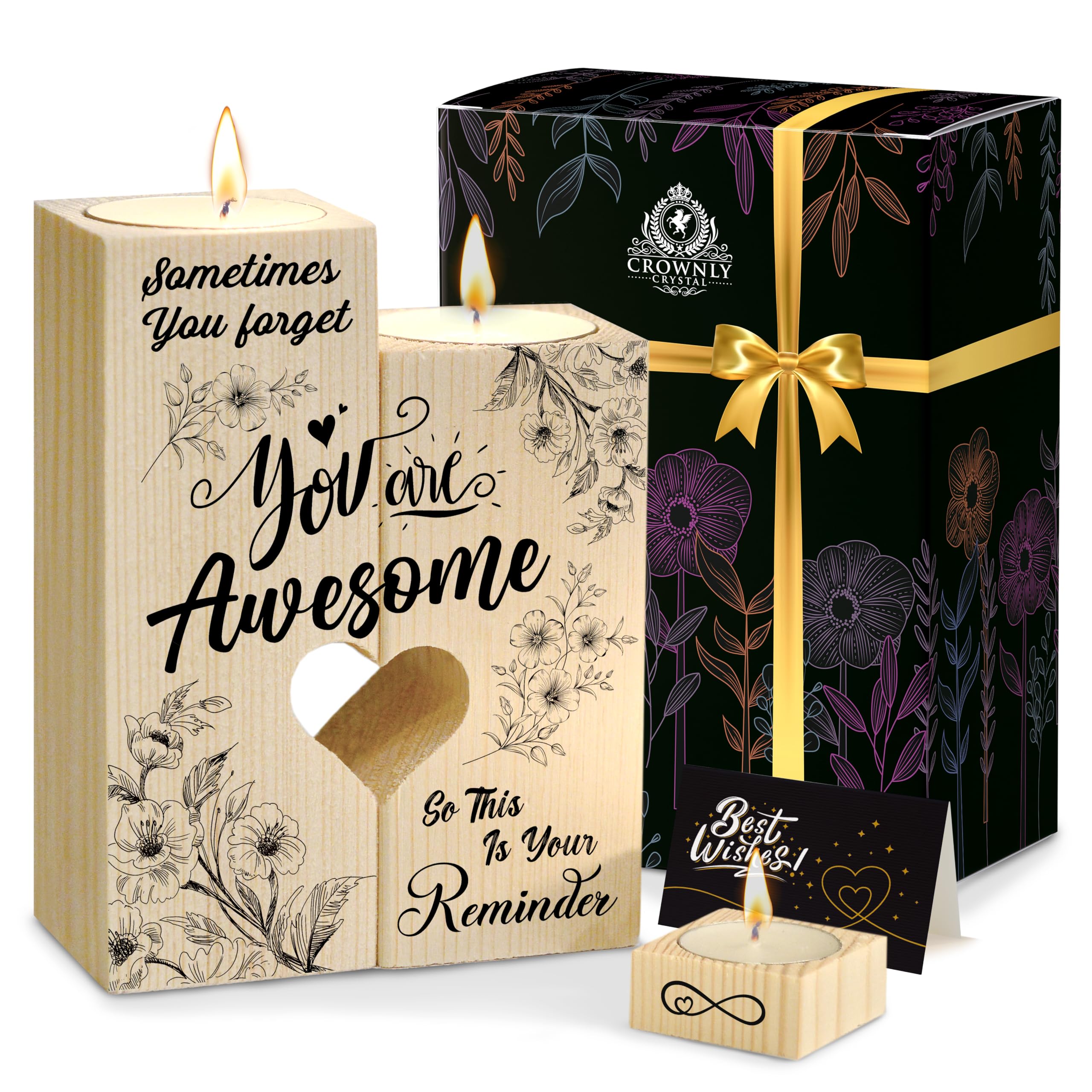 CROWNLY® Wooden Hearts with Candles Personalised Birthday Spiritual Candle Holders Christmas Decorations Gift Set Women [Energy Class A+++]