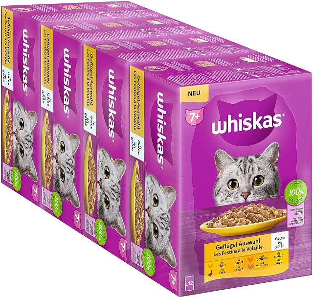 Whiskas 7+ Comida para Gatos de Aves de Corral en gelatina, 12 x 85 g (4 Paquetes), Comida húmeda Partir…