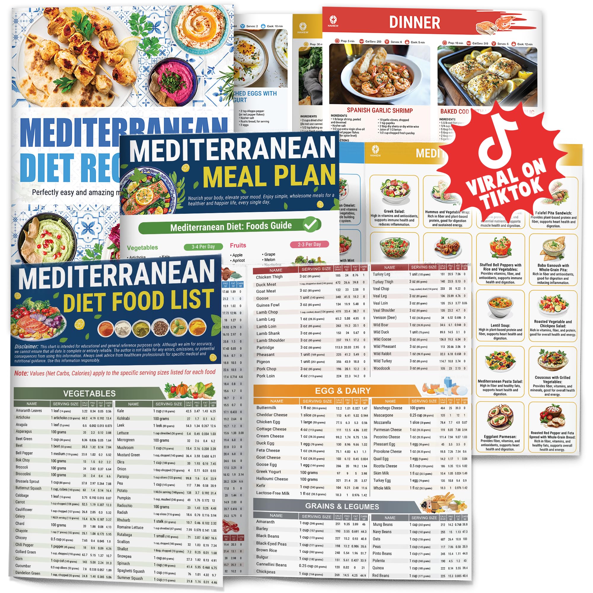 Set 3 Mediterranean Diet Chart Food List 2025, Mediterranean Ingredient Meal Plan Brochure, Foods Guide and Foods To Limit, Easy Breakfast Lunch Recipes for Beginners, Serving Sizes Calories Net Carbs