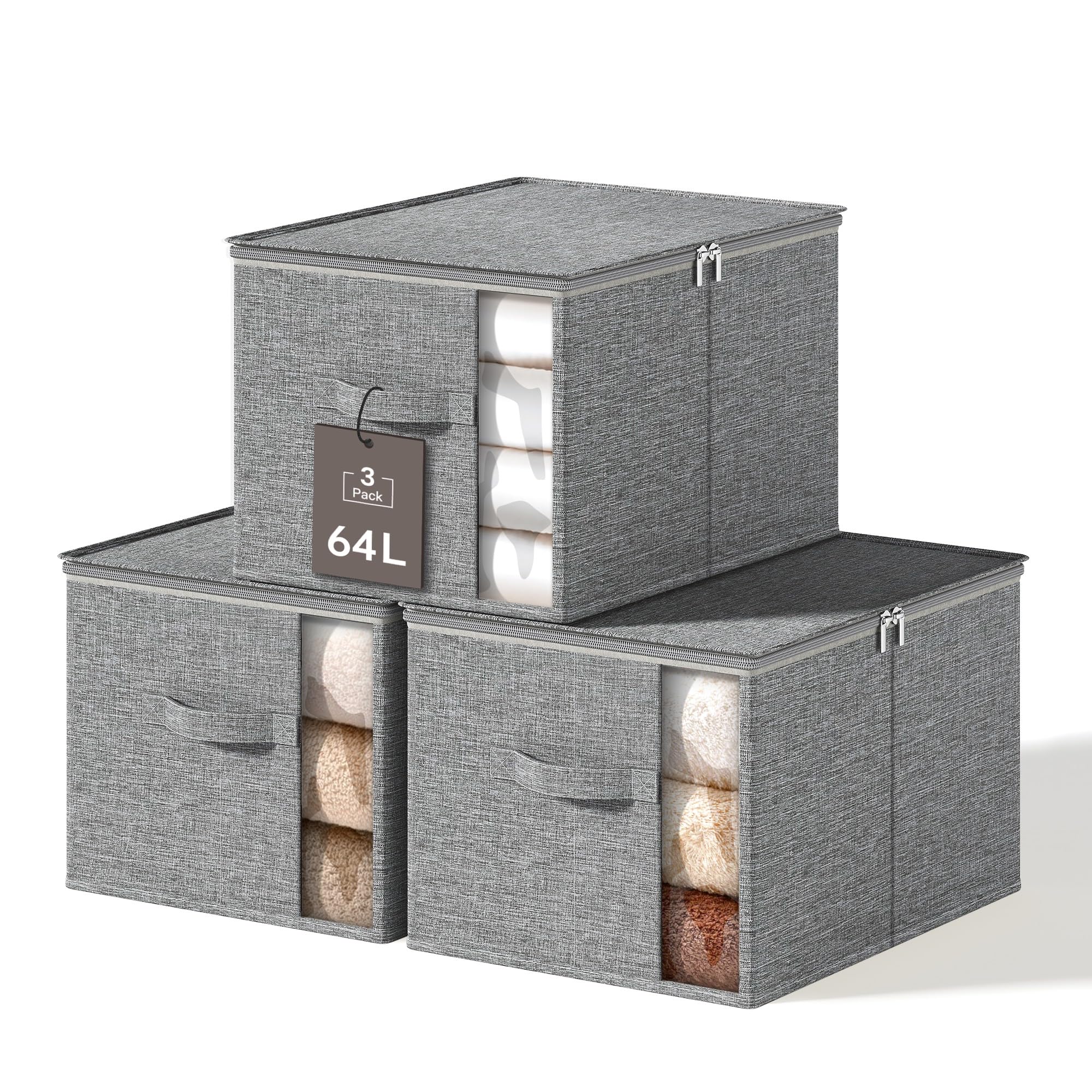 KitHero Large Clothes Storage Bins with Sturdy Frame, Foldable Clothing Organizer Box, Sweater Storage Cube with Lids and Zipper, Fabric Bedding Storage Bags for Blankets, Seasonal Clothes, Comforter