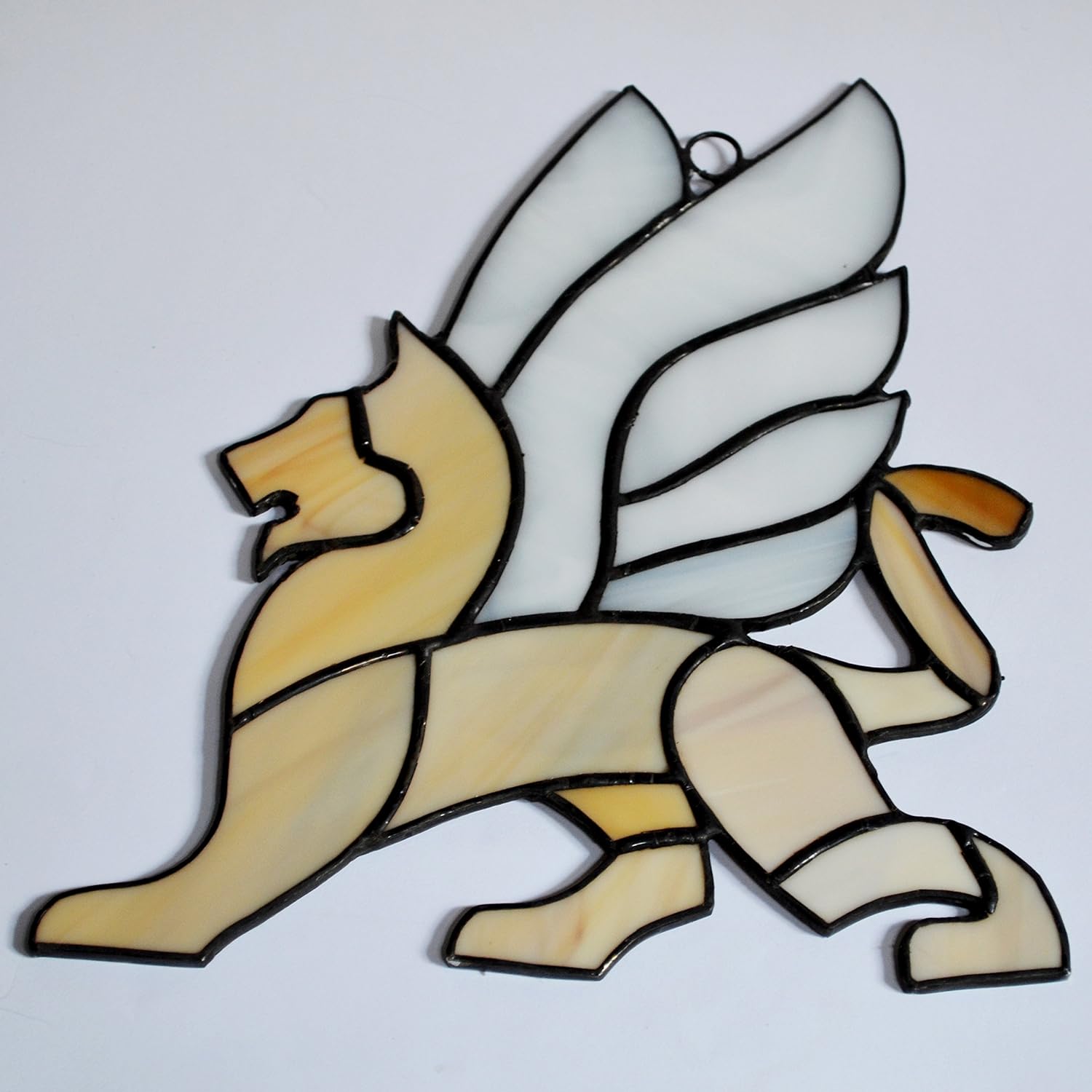 Winged Lion Stained Glass Suncatcher Window Hanging or Wall Decor, Unique Handmade Gryphon Art Decoration Home Office Dorm, Handcrafted Mythical Creature Brown Griffin with White Wings Ornament