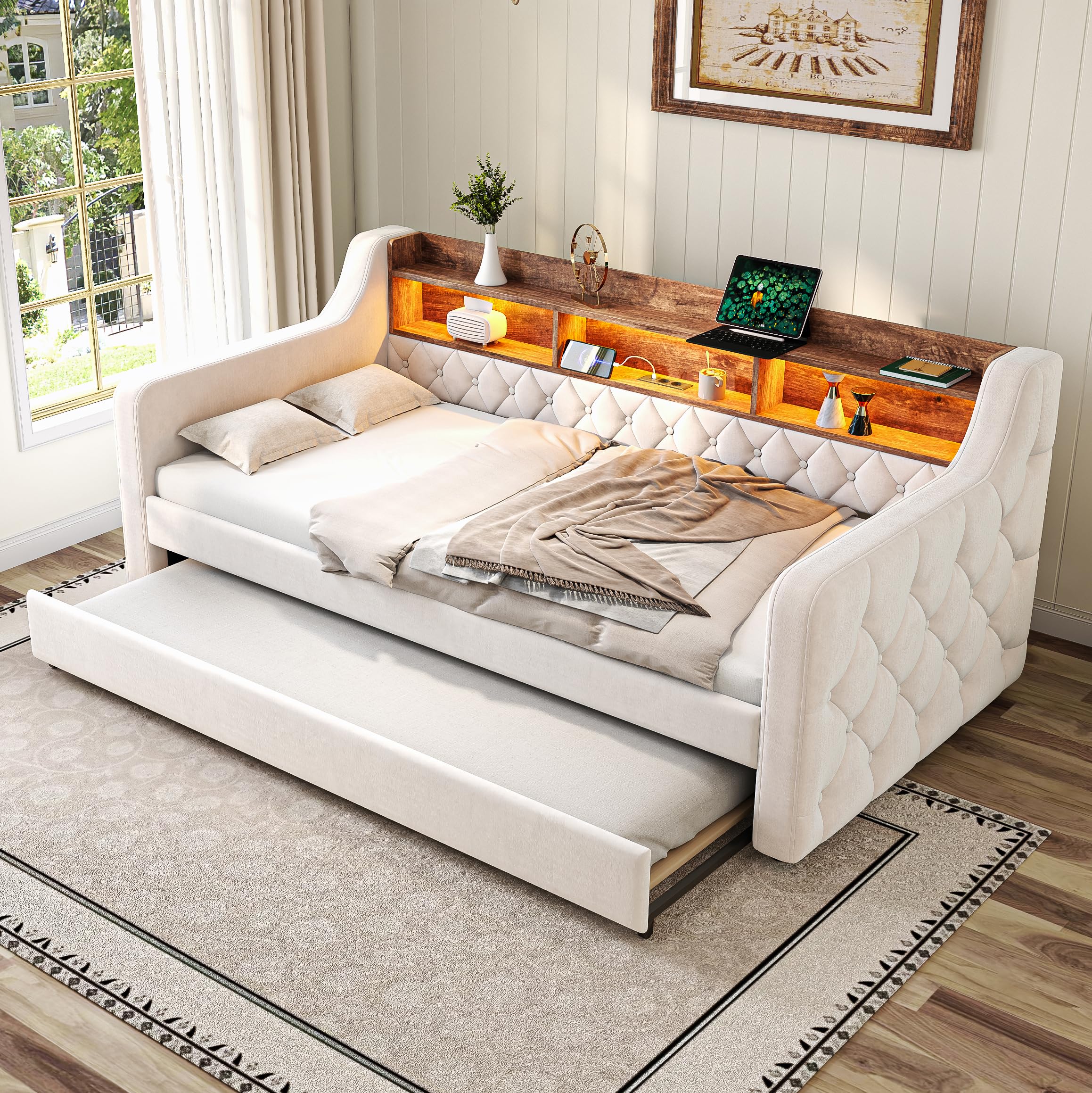Divano Letto 90x190cm in Velluto con Luce LED e Porta USB-C, Testiera Contenitore, Letto Imbottito Matrimoniale con Reti a doghe, Struttura in Metallo e Legno, Sofa Bed Beige