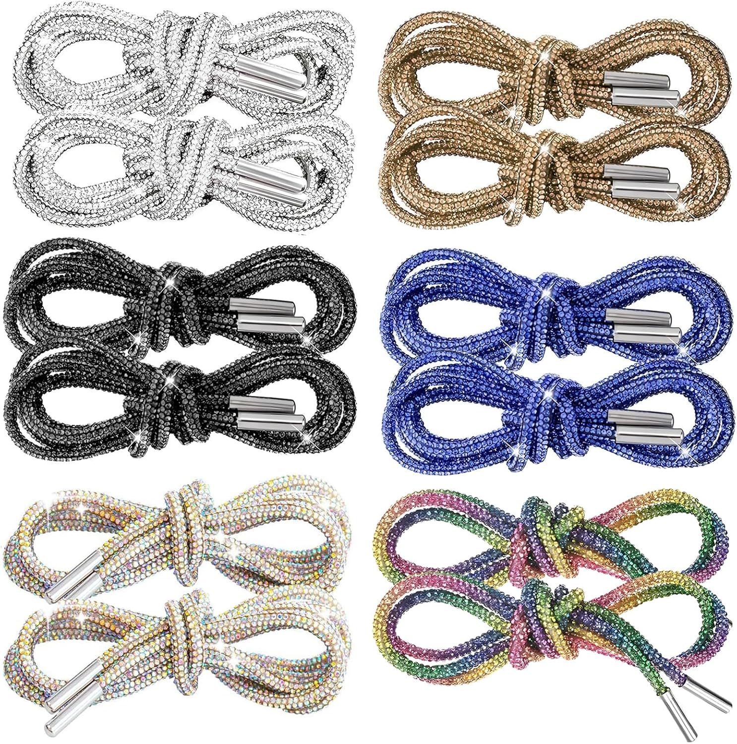 12 Pack Rhinestone Bling Shoe Laces for Womens Men 47" Sparkly Crystal Glitter Rope Round Shoelaces for Sneakers Boots Drawstring Cords Hoodies Strings Replacement Wholesales Set