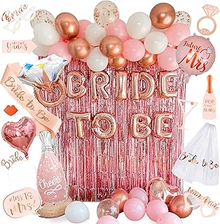 VIDAL CRAFTS 62-Piece Rose Gold Bridal Shower Decorations – Bachelorette Party Decor with Confetti Balloons, Bride-to-Be Banner, Bridal Veil, Fringe Curtains, Bride Sash & Fun Photo Props [UPGRADED] - Buy now