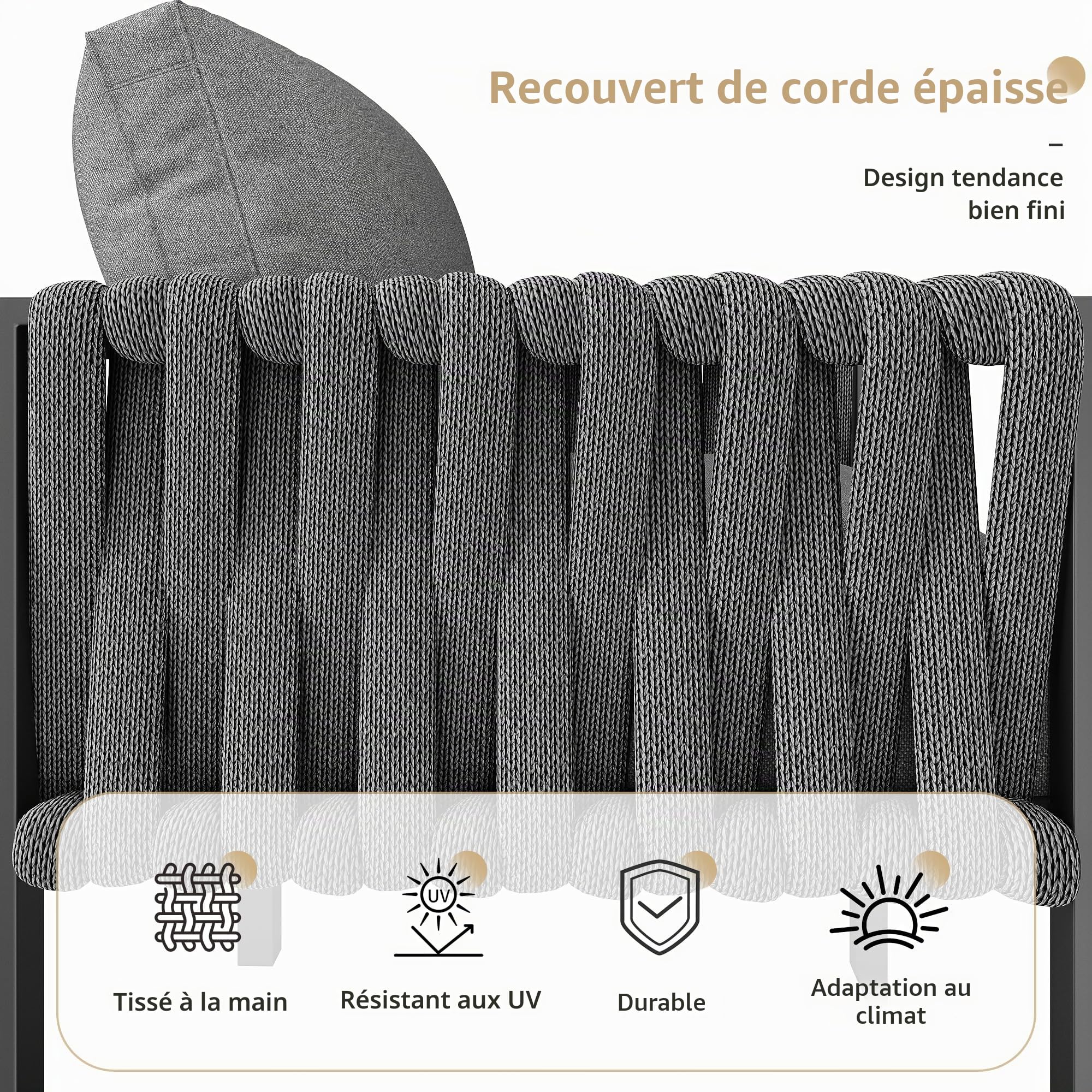 Sapgaks Ensemble de Salon de Jardin extérieur 7/8 Personnes en Corde avec Structure en Fer galvanisé,Pieds réglables,canapé d'angle+Table+Banc + Fauteuil,Plateau de Table en Verre trempé (C-Gris)