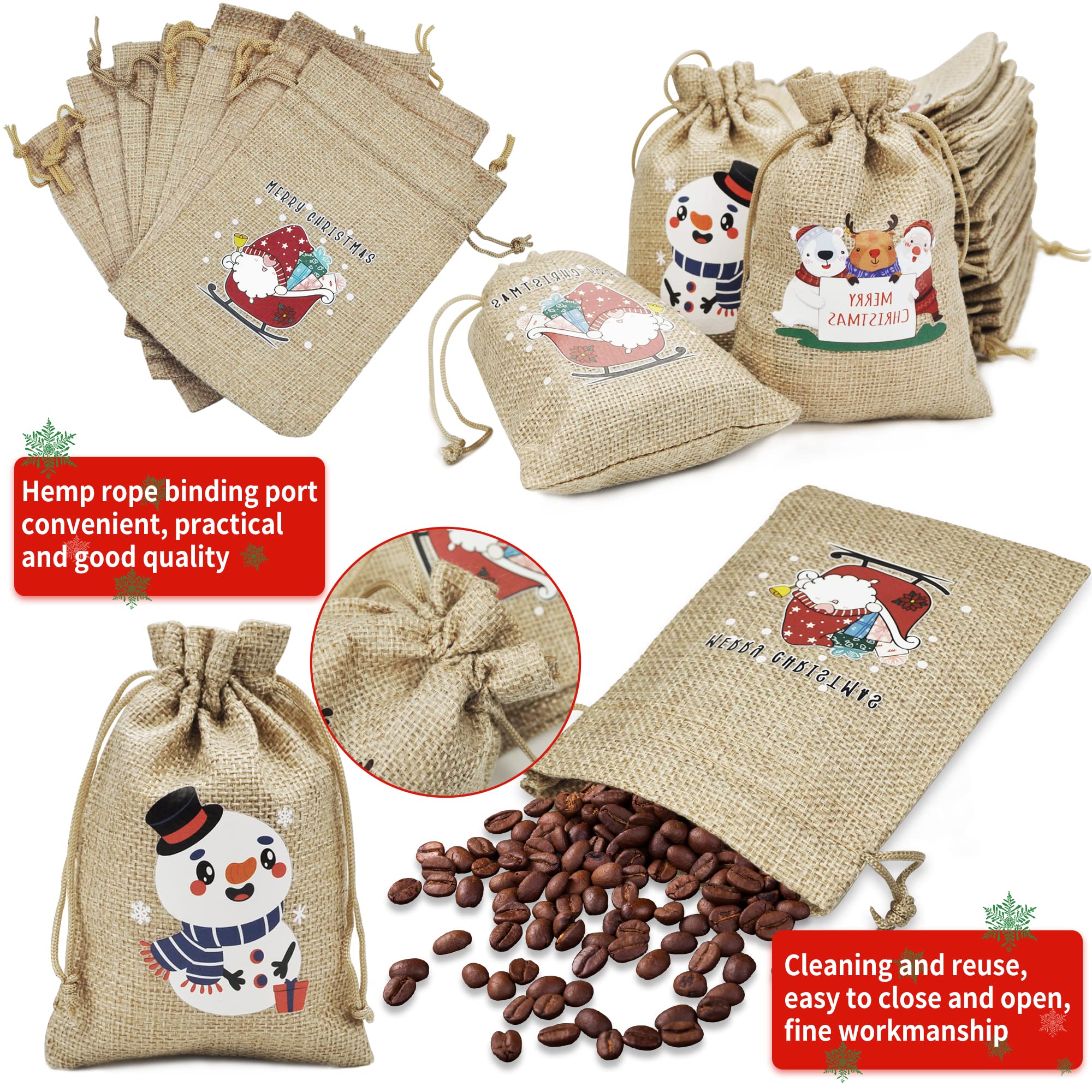 YMIFEEY 24 Pezzi Sacchetti Natalizi per Regali Stoffa Sacchetti di Tela Natalizia con Coulisse Borsa Regalo di Iuta Piccola Sacchetti in Stoffa Natalizi per Feste di Natale, 10 * 14cm (13x18cm