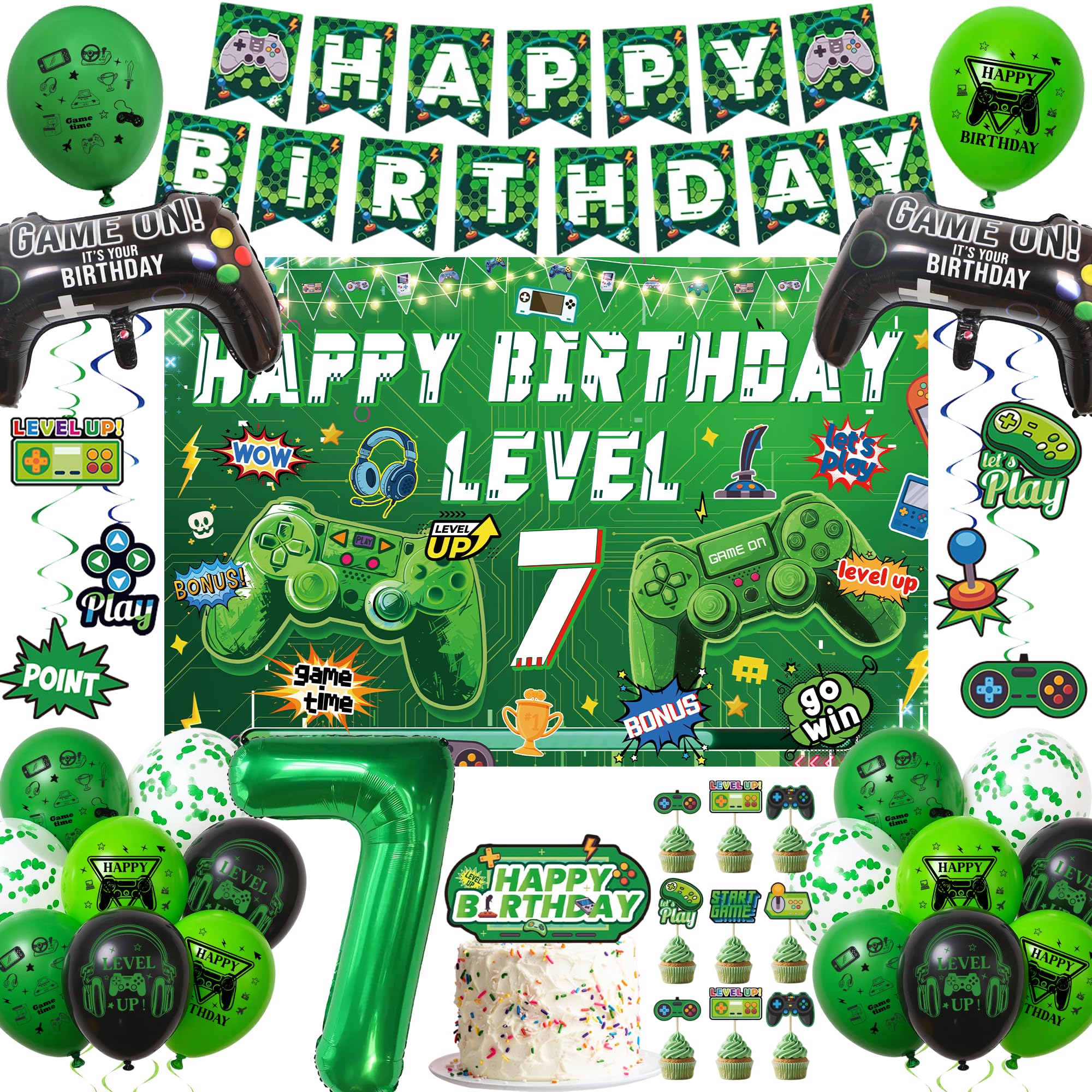 Video Game 7th Birthday Decorations, Happy Birthday Level 7 Banner