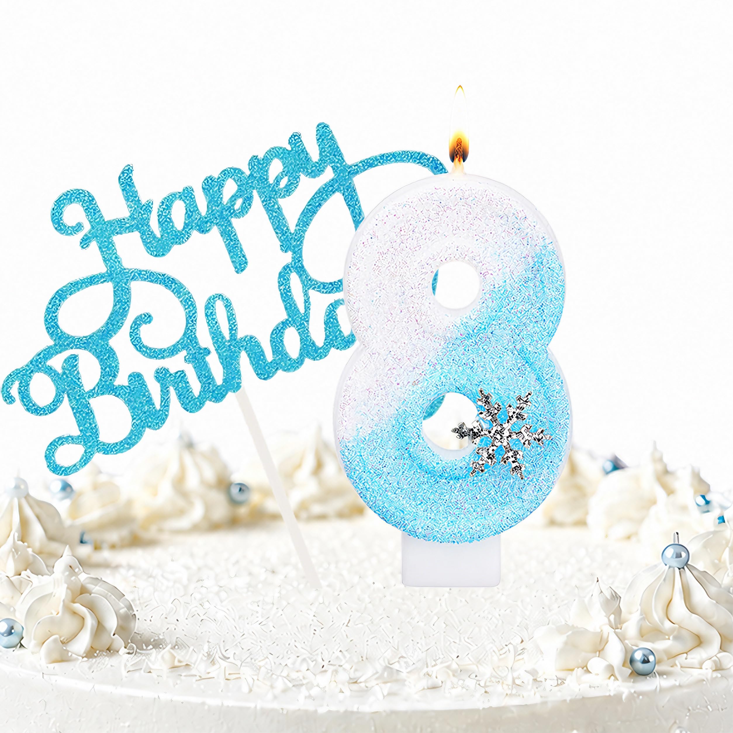 Snowflake Birthday Candles, Blue Glitter Snowflake Number Candle with Themed Birthday Decorations, 2PCS Cake Toppers for Girls Birthday Party (8 Candle,Snowflake)