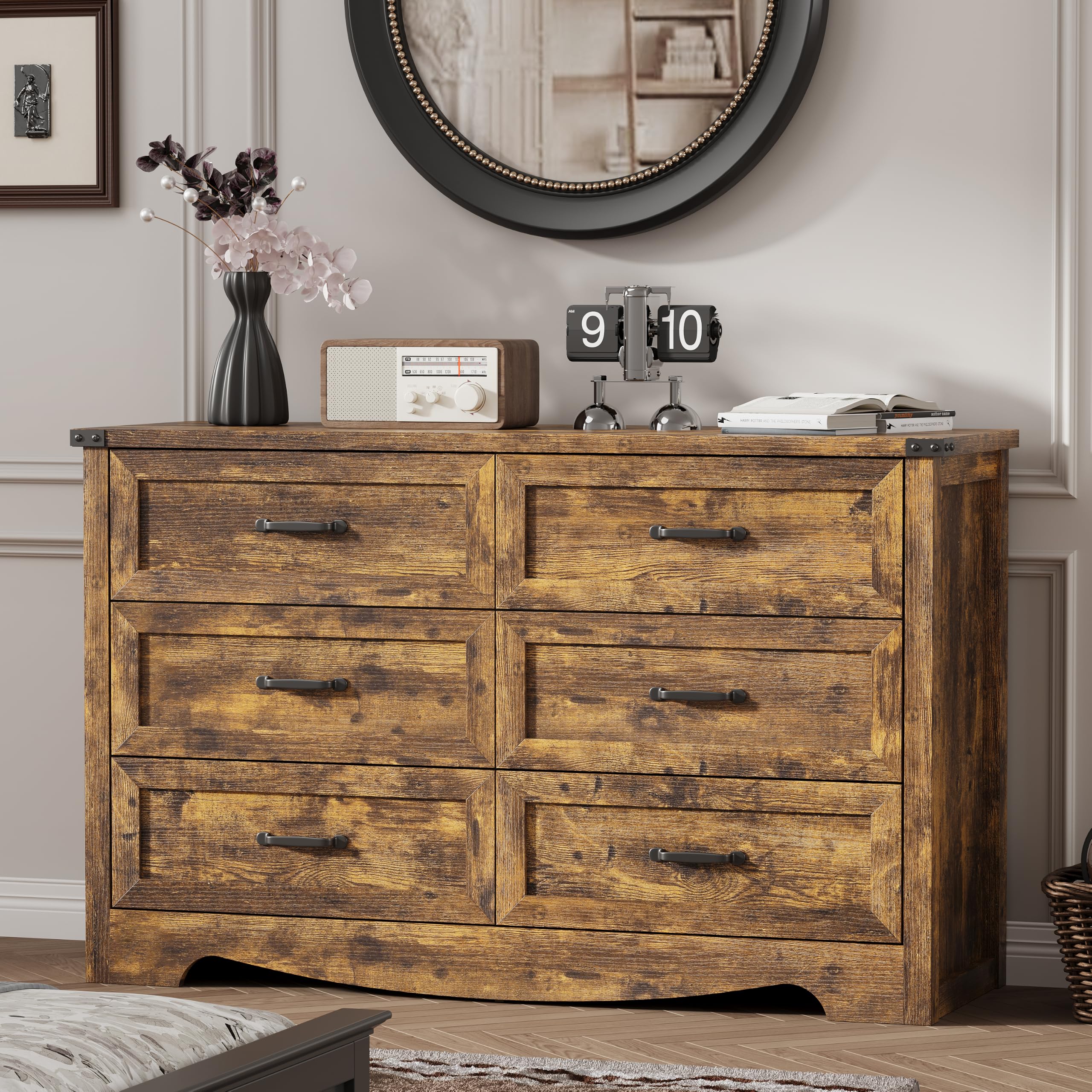 Dresser for Bedroom with 6 Drawers, 48" Wide Wood Chest of Drawers with Deep Drawers &amp; Mental Handle, Wooden Dresser TV Stand, Modern Closet Storage Organizer for Living Room, Hallway, Entryway, Brown