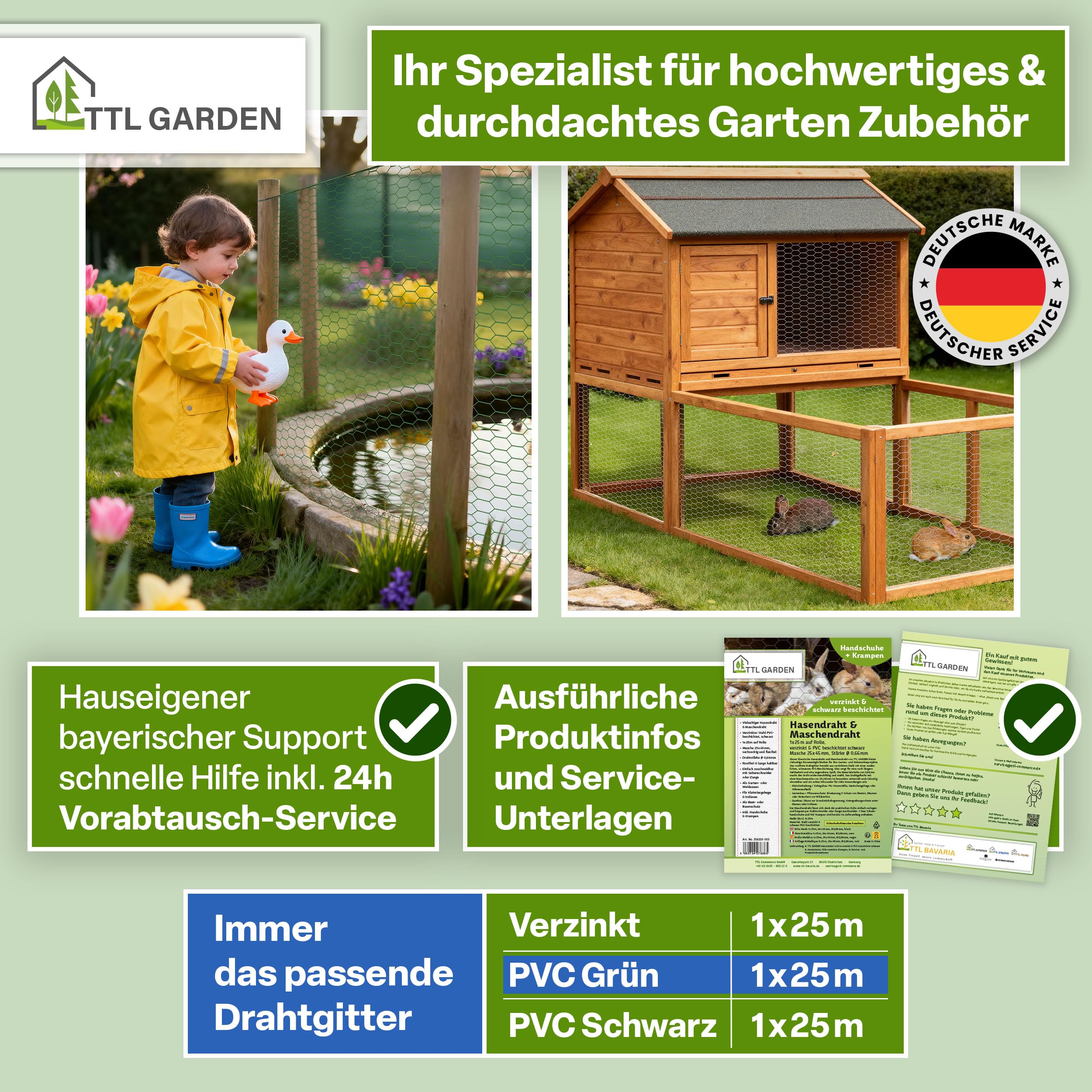 TTL GARDEN 1x25m Hasendraht 25x45mm Masche grün PVC beschichtet - rostfrei 0,70mm Draht Stärke Rolle feinmaschig Drahtgitter Kaninchendraht Zaun Gitter Maschendrahtzaun 25m x 1m breit grün