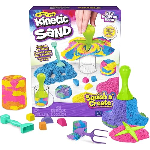 Kinetic Sand, Squish N’ Create Playset with 13.5oz Blue, Yellow & Pink Play Sand, 5 Tools, Sensory Toys, Holiday Gifts & Stocking Stuffers for Kids Ages 3 and up