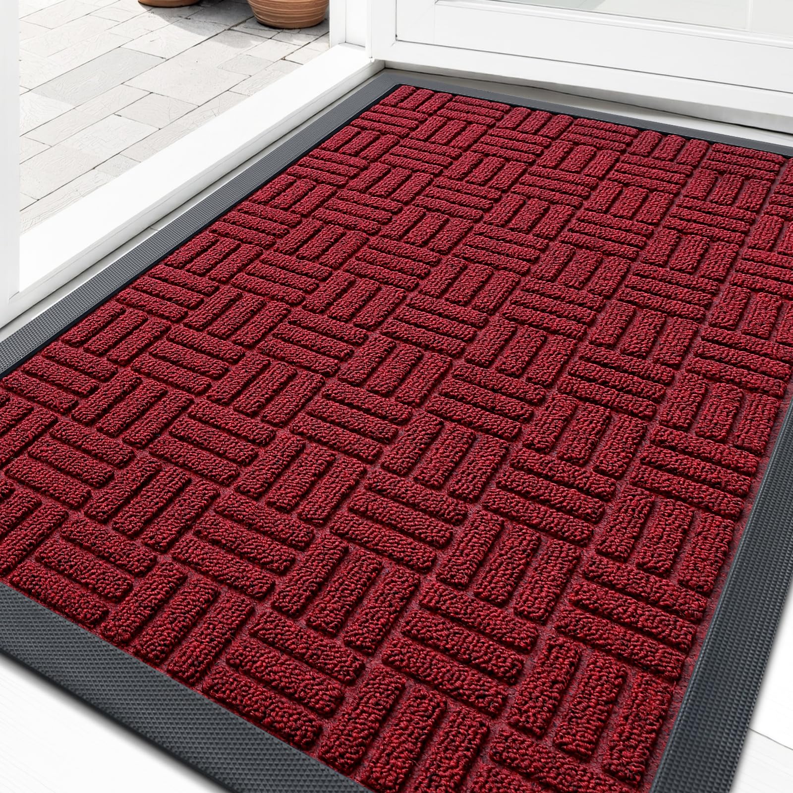 OLANLY Front Door Mat Outside Entrance 33x21, Heavy-Duty Rubber Doormat | Black Red, Stain and Fade Resistant, Non-Slip Backing, Low-Profile Indoor Outdoor Floor Mat for Entryway, Easy to Clean
