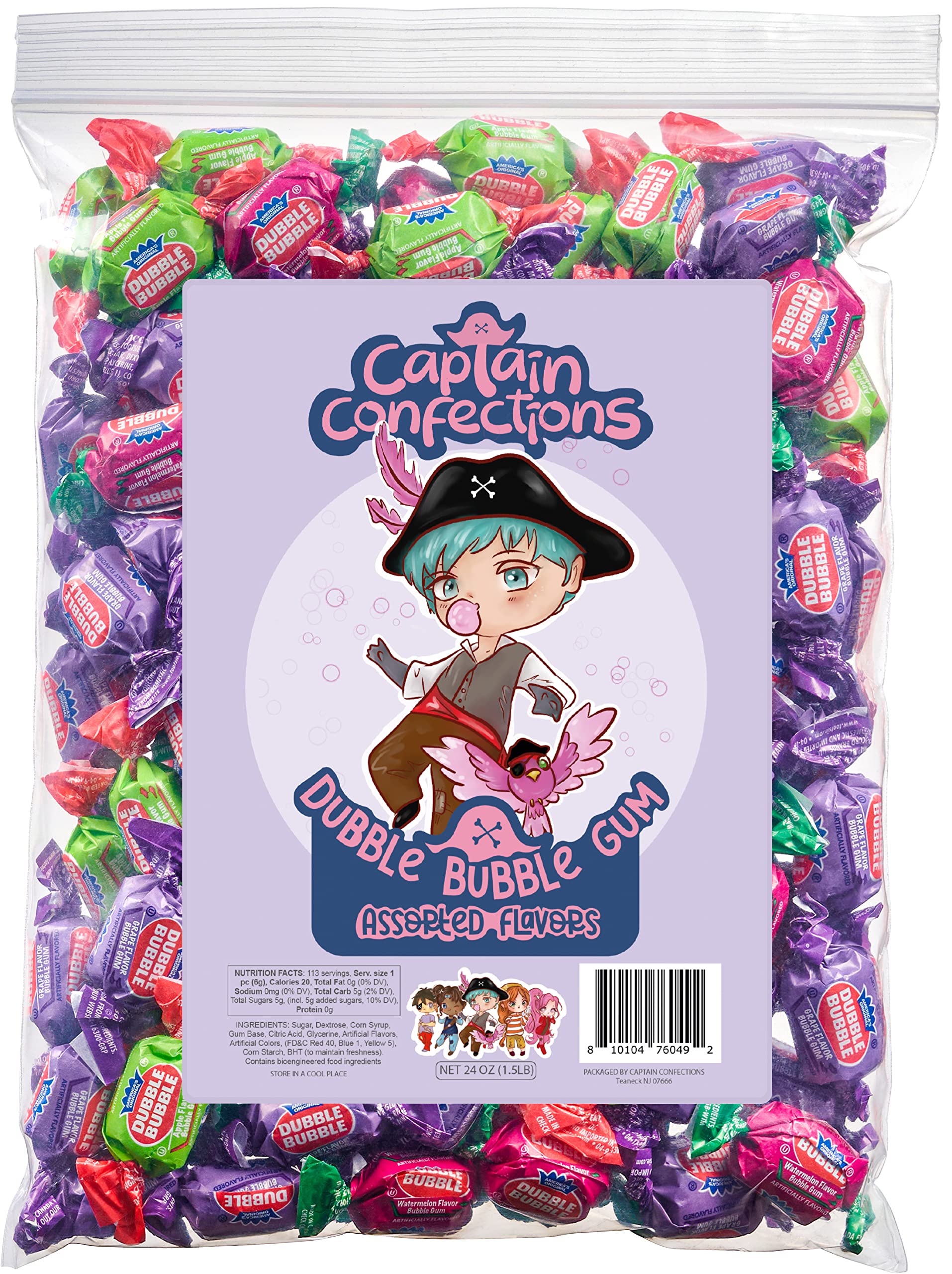 Captain Confections 1.5lb Assorted Flavors Dubble Bubble Bubble Gum, Bulk Pack Of Individually Wrapped Double Bubble Bubble Gum