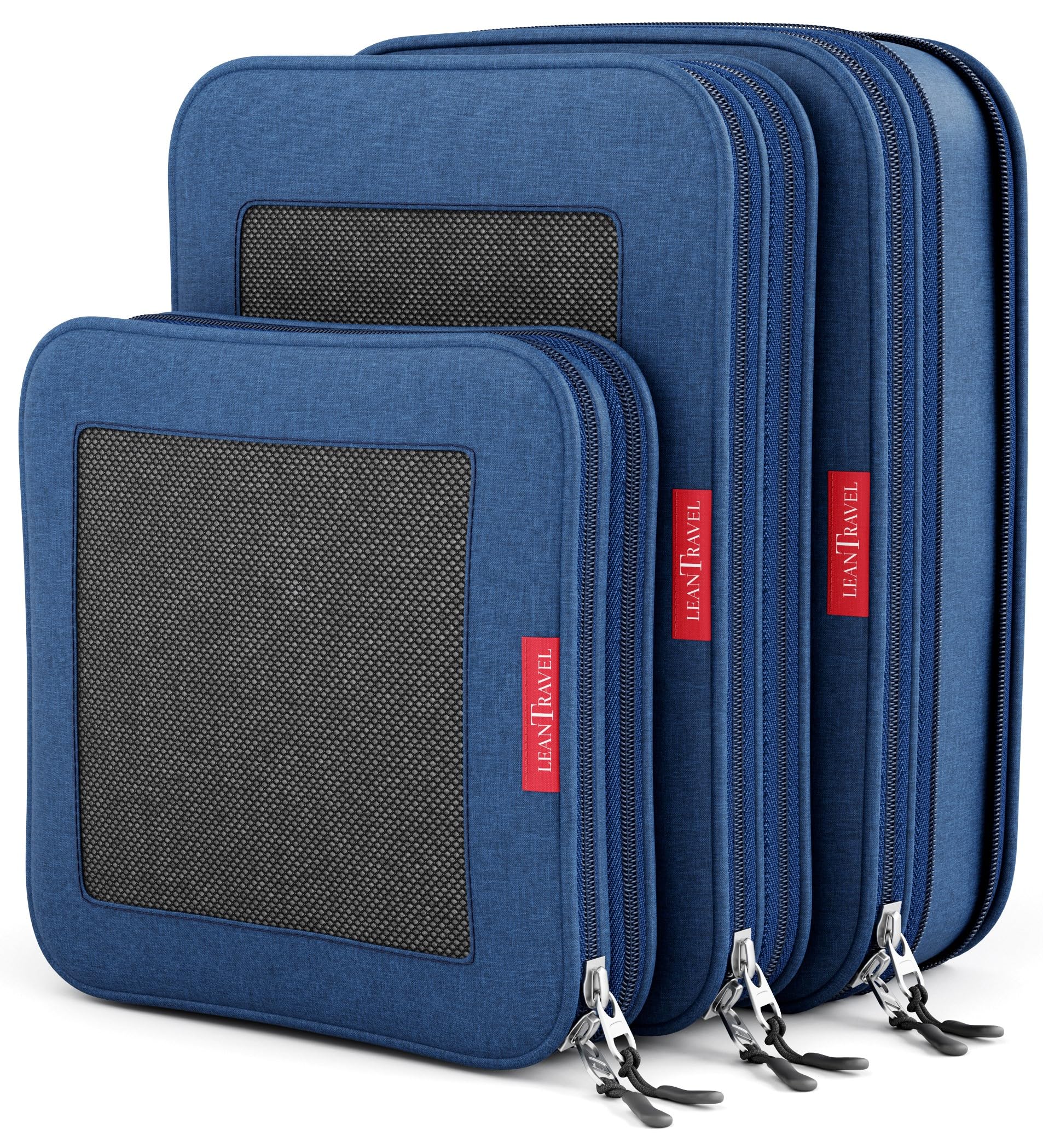LeanTravel Compression Packing Cubes for Travel Organizers with Double Zipper, 3-Pack (2L+1M), Navy