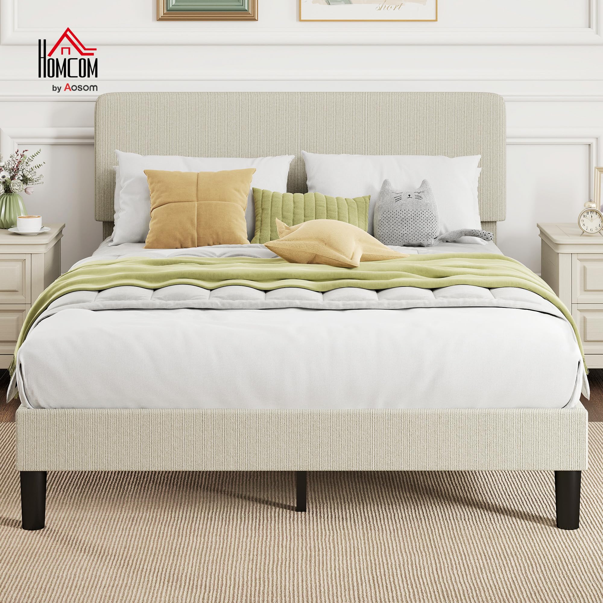 HOMCOM Struttura Letto Matrimoniale Doghe in Legno 140x200 cm Grigio Chiaro | Testiera Regolabile in Altezza, Imbottita in Velluto a Coste, Letto Matrimoniale per Camera da Letto, Montaggio Facile