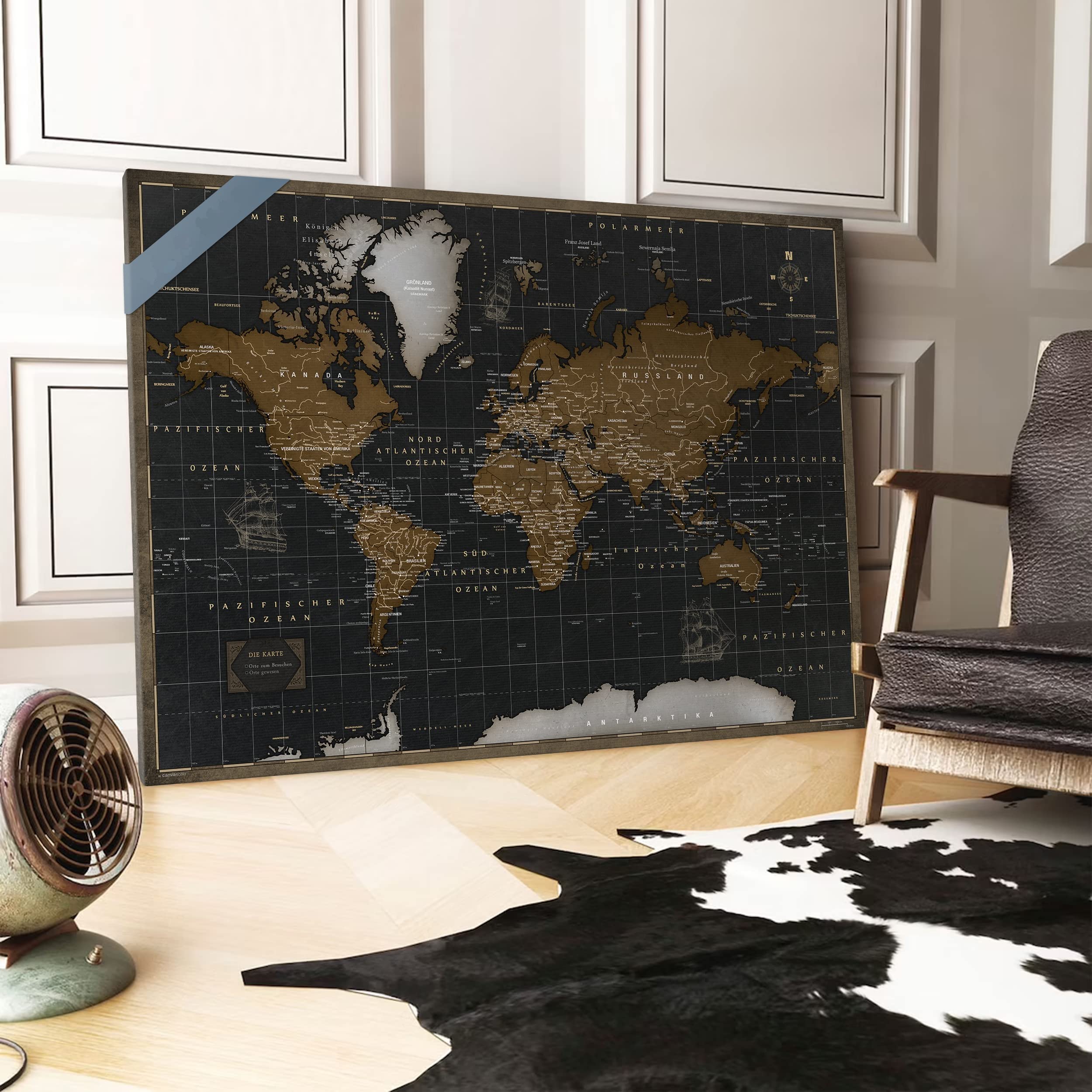 Canvas mapa świata z korkiem do przypinania celów podróży - dekoracja ścienna do każdego pomieszczenia - obrazy canvas z mapą świata w różnych rozmiarach (90x60 cm, wzór 6)