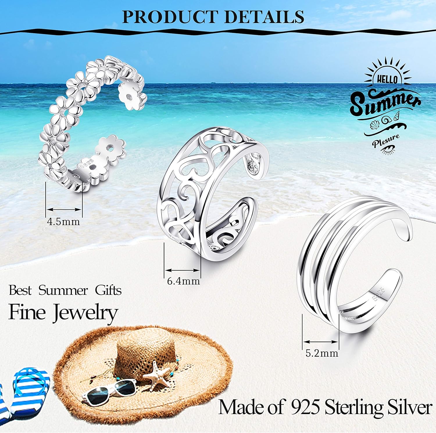 MILACOLATO 3Pcs 925 Sterling Silver Toe Rings for Women 18K White Gold Plated Daisy Cubic Zirconia Cuff Band Open Toe Rings Adjustable Toe Rings Summer Beach Foot Jewelry