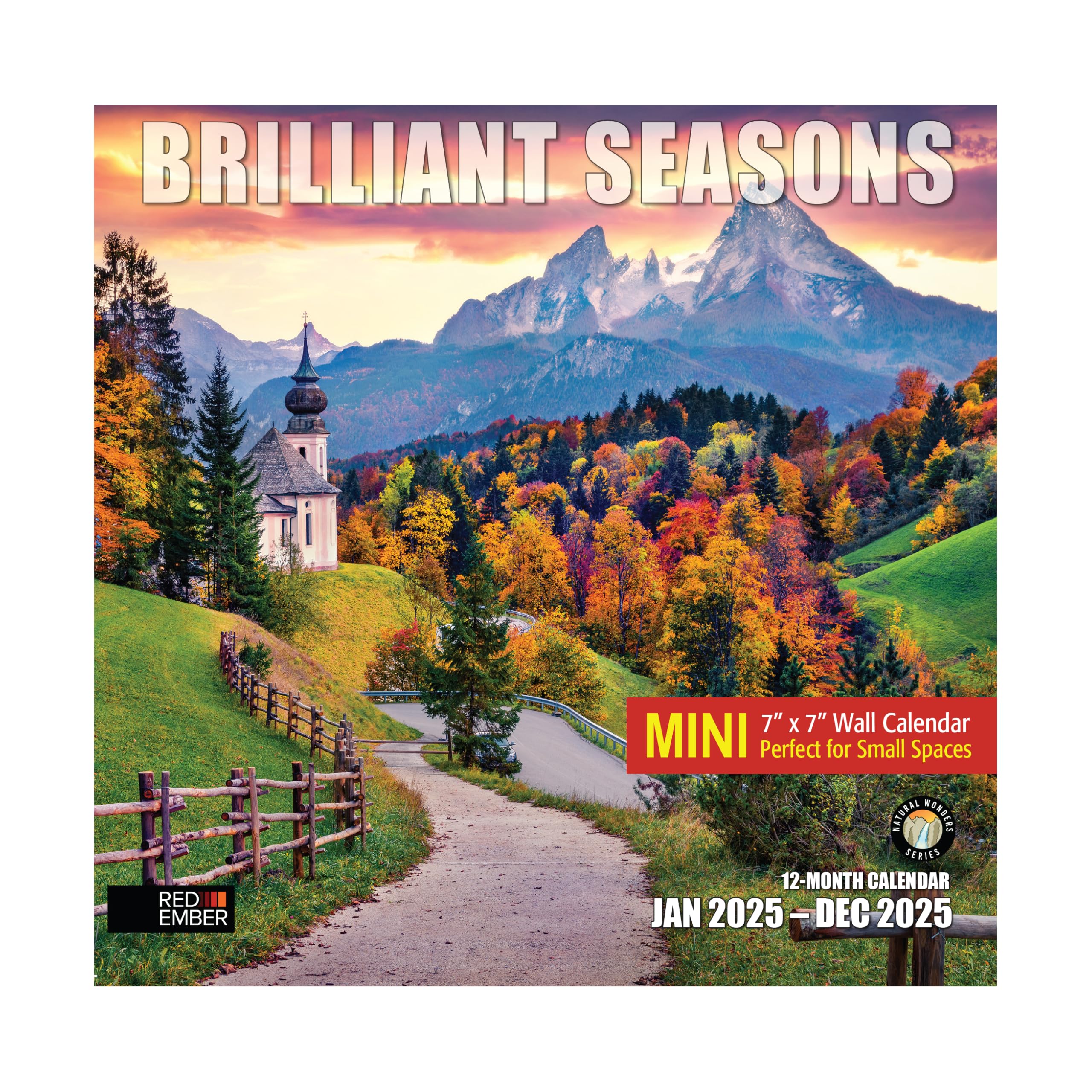 RED EMBER Small Spaces Mini Wall Calendar - Brilliant Seasons 2025 Hangable Monthly | Only 7" x 14" Open | Thick & Sturdy Paper | Giftable | Scenic Nature Travel | Simply Stunning