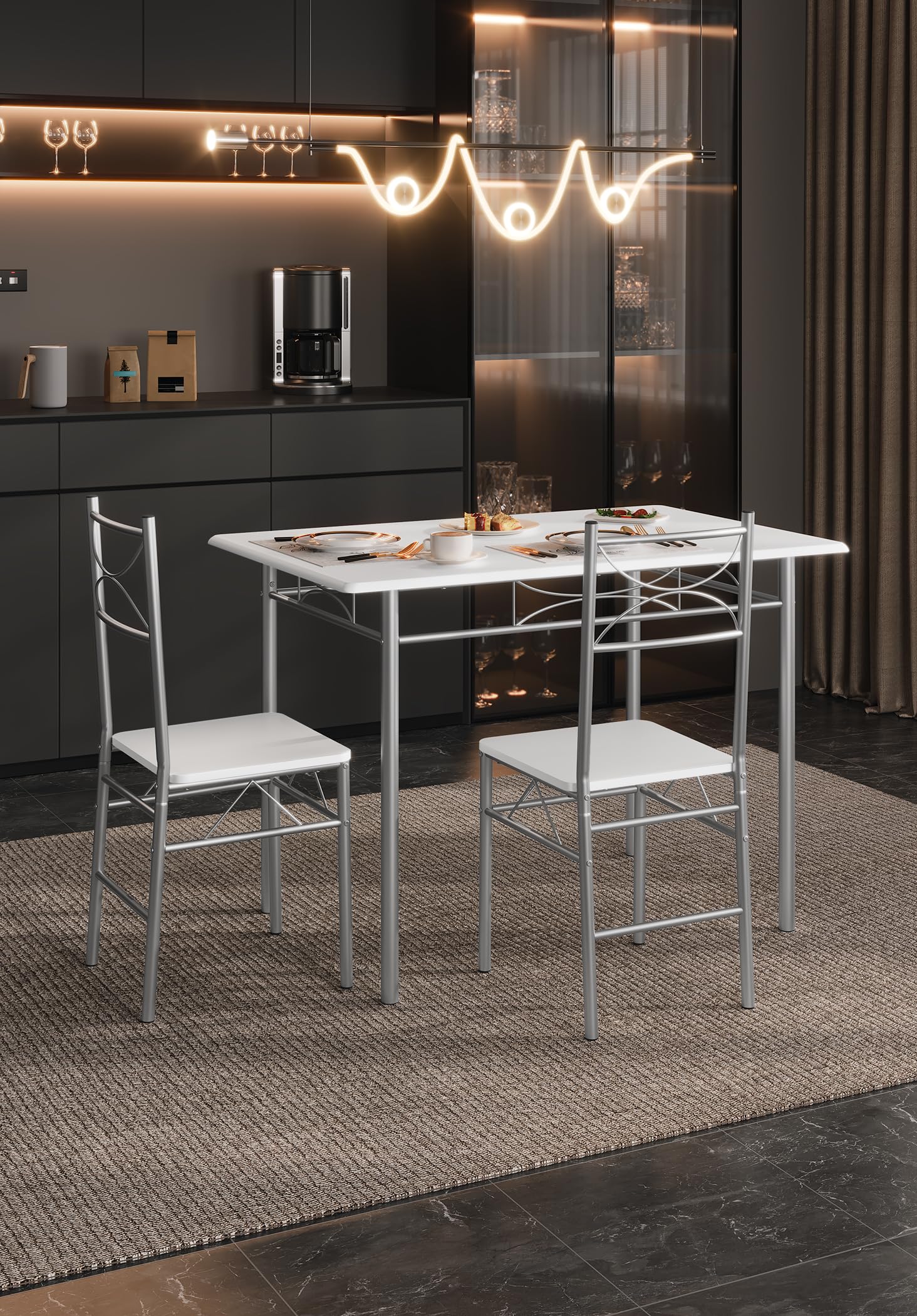WOLTU Mesa y Sillas Comedor para 4 Personas, Mesa Cocina de Madera, Juego de Muebles de Comedor, Madera MDF y Metal, Blanco + Plata