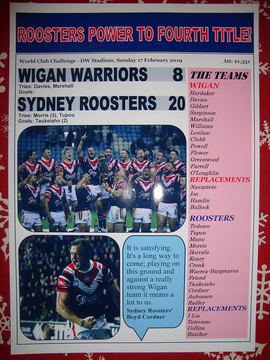 Sports Prints UK Wigan Warriors 8 Sydney Roosters 202019