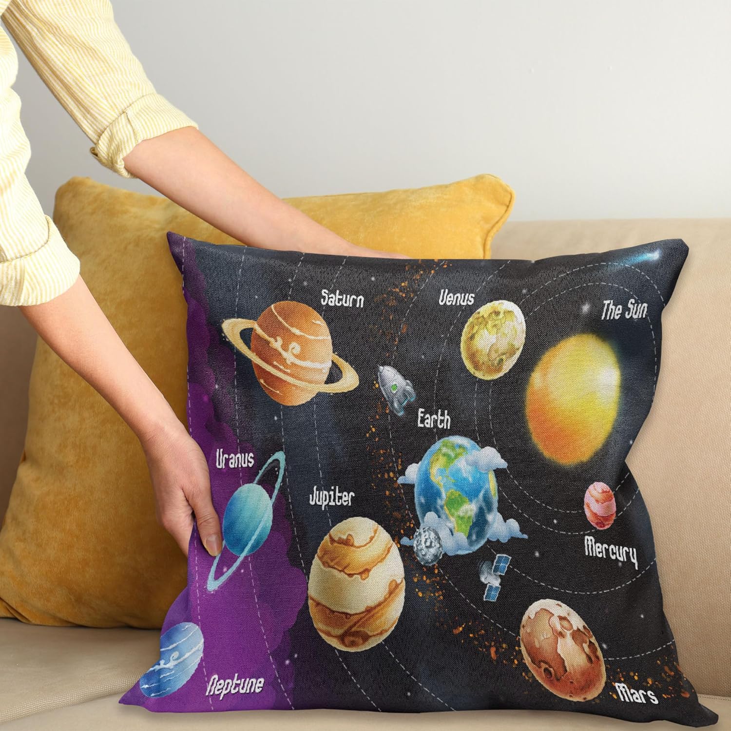 Ambesonne Outer Space Throw Pillow Cushion Cover, Solar System of Planets Milky Way Neptune Venus Mercury Sphere Illustration, Decorative Square Accent Pillow Case, 40" X 40", Black Purple