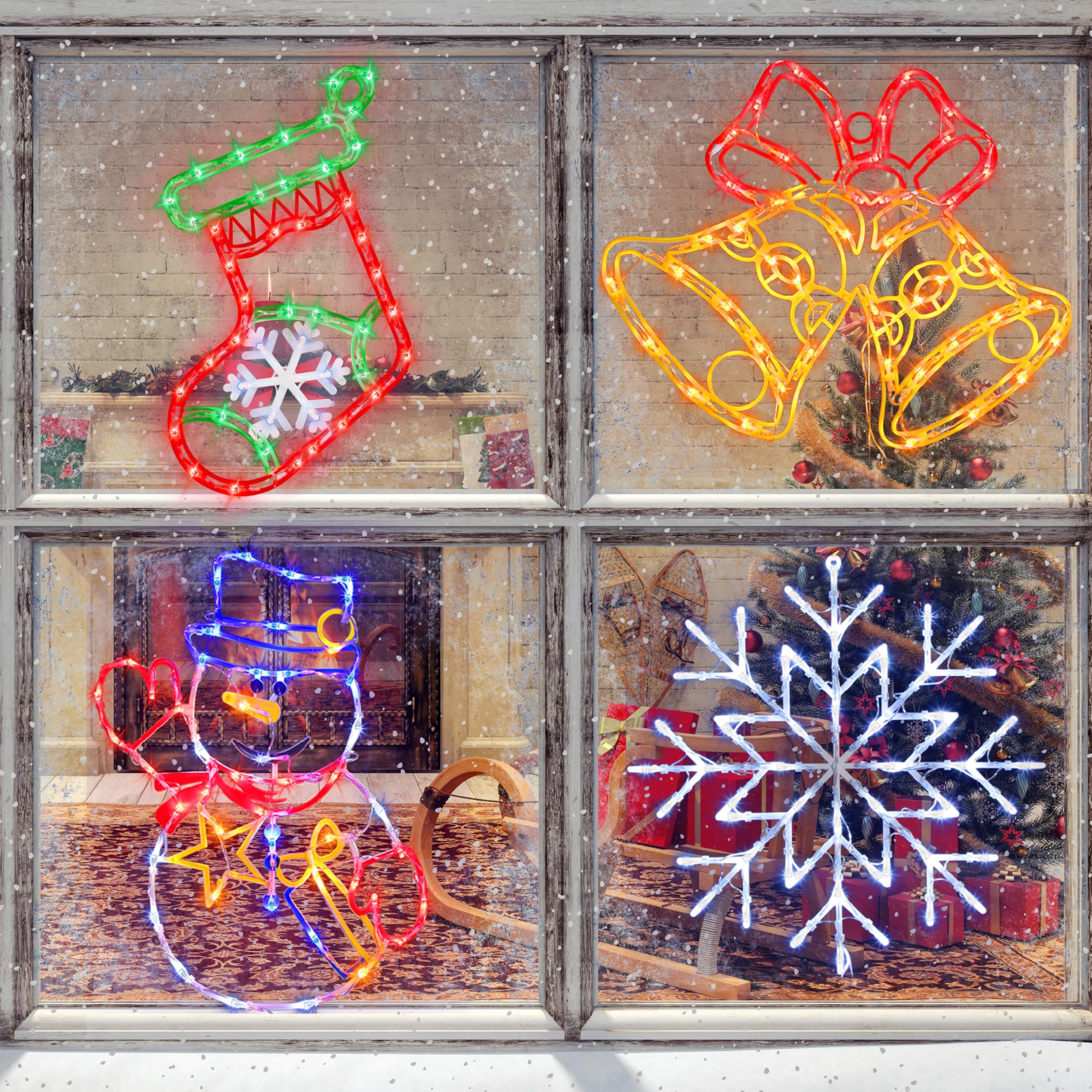 TRWYMZ Lot de 4 Décorations Lumineuses de Noël pour Fenêtre avec Prise EU | Décorations LED de Noël (flocon de neige, bonhomme de neige, cloche, chaussette de Noël) pour int&ext,murs,portes&fenêtres