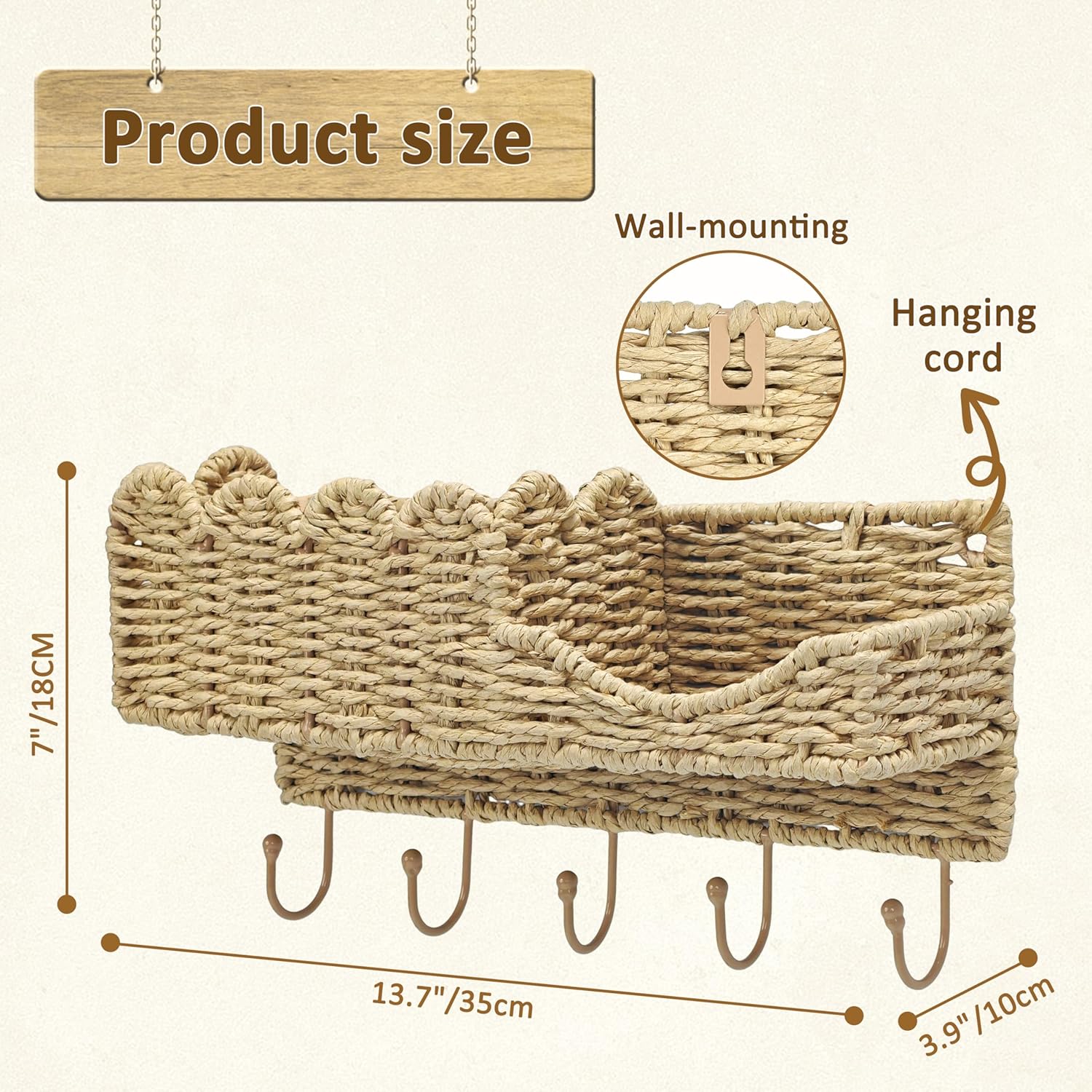 Hook Woven Rattan Key Holder & Mail Organizer, Scalloped Wave Design Decorative Wall Mount for Entryway, Living Room & Hallway, Natural Paper Rattan
