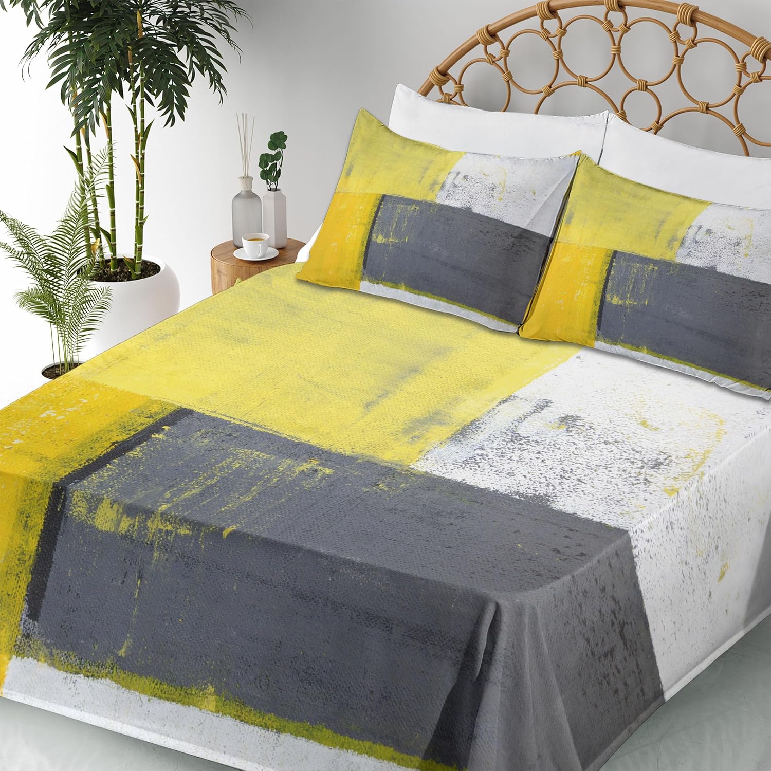 Ambesonne Grey and Yellow Sheet Set, Street Art Modern Grunge Abstract Design Squares, Fitted and Flat Sheet with Pillowcases Bedding Accent 4 Piece Set, Queen, Grey Yellow