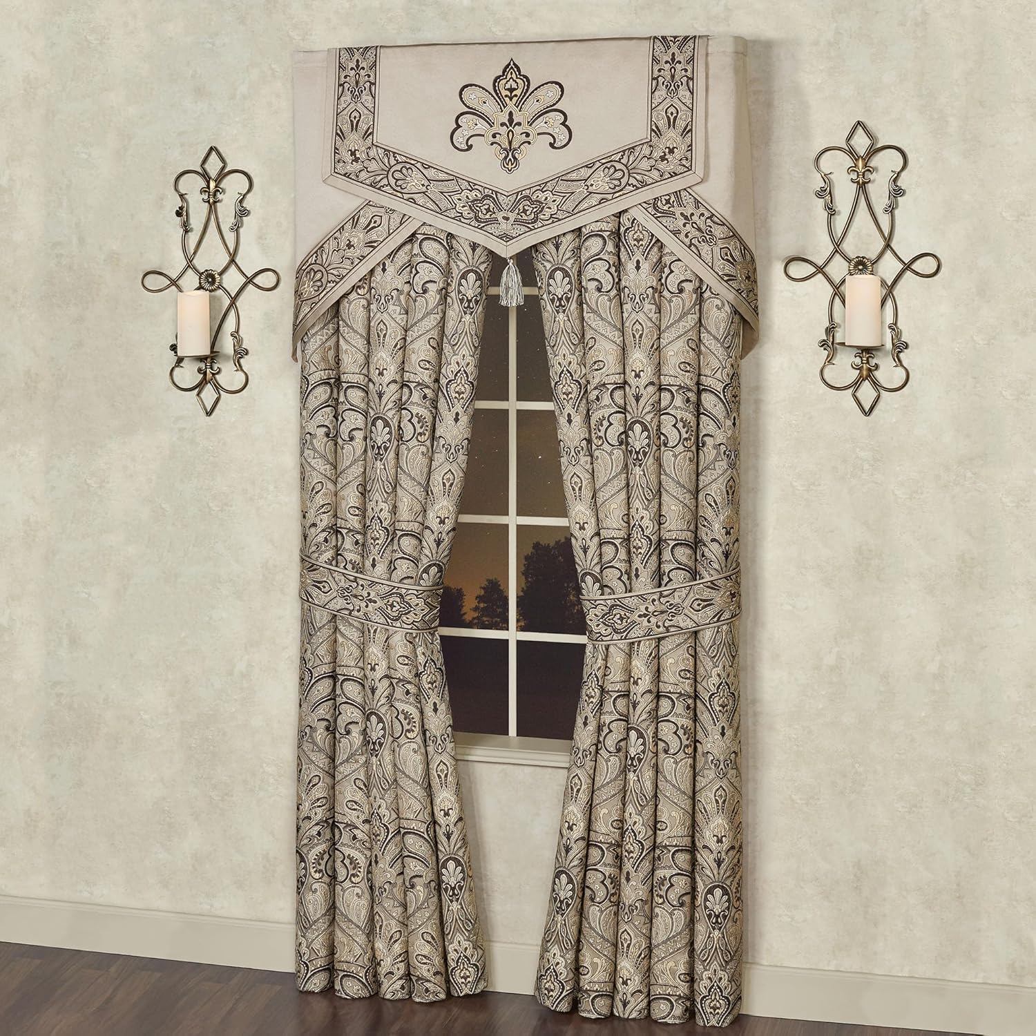 Landon Damask Medallion Luxury Jacquard Woven Window Treatment | Taupe Gold Black | Traditional | 4 Piece Set: Cornice Valance and 84L Wide Curtain Pair | Scroll | Sophisticated Elegant | Rod Pocket