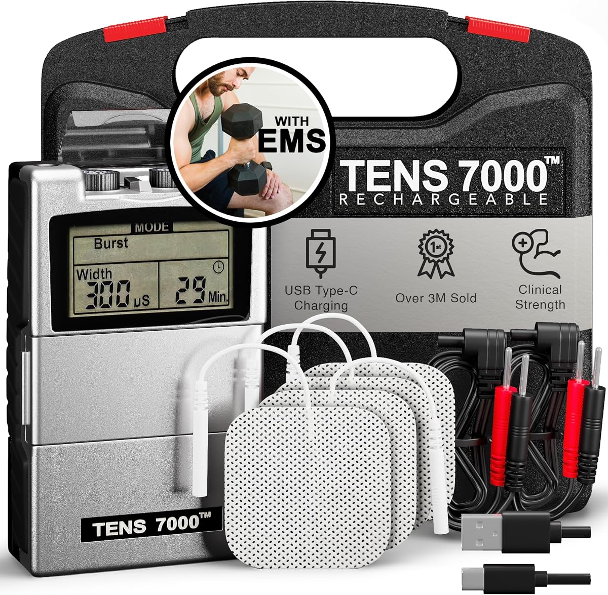 Rechargeable Tens Unit Muscle Stimulator, EMS Muscle Stimulator, Back Pain Relief, 4 Electrodes/Unit Pads, Period Pain Simulator, Muscle Recovery & Growth, Stim Machine, Electrotherapy
