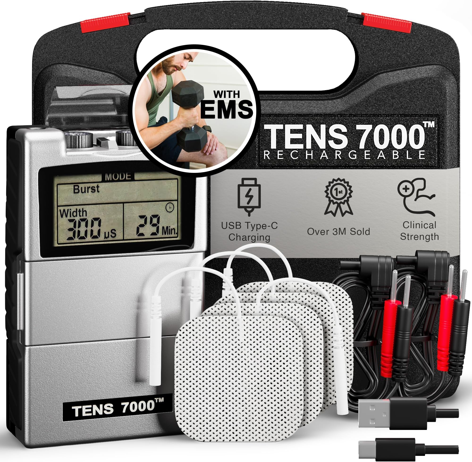 TENS 7000 Rechargeable Tens Unit Muscle Stimulator, EMS Muscle Stimulator, Back Pain Relief, 4 Electrodes/Unit Pads, Period Pain Simulator, Muscle Recovery & Growth, Stim Machine, Electrotherapy