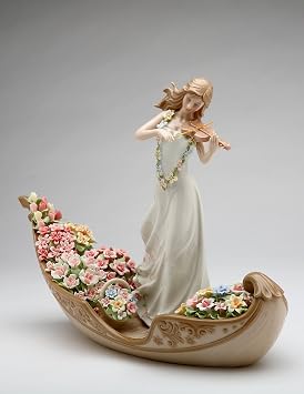Cosmos Gifts 96643 Fine Elegant Porcelain Flower Inspiration Lady Playing Violin on Floating Flowers Boat Figurine, 13-1/4"