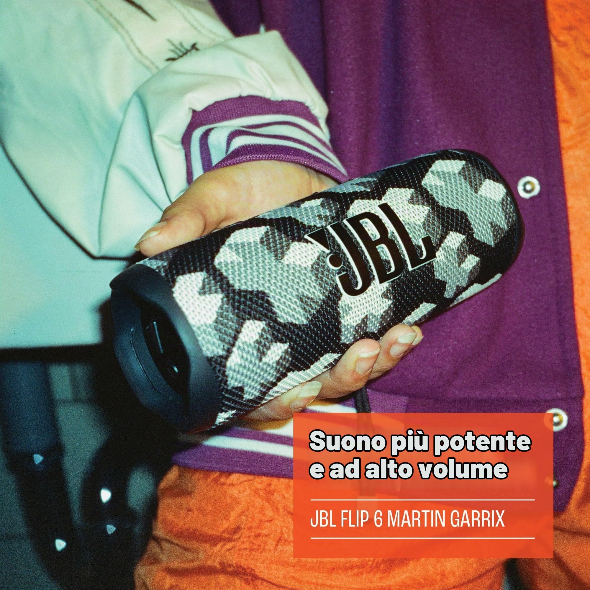 JBL x Martin Garrix Flip 6 Speaker Bluetooth Portatile, Cassa Altoparlante Impermeabile e Antipolvere IPX67, Compatibile con JBL PartyBoost, Fino a 12h di Autonomia, Grigio
