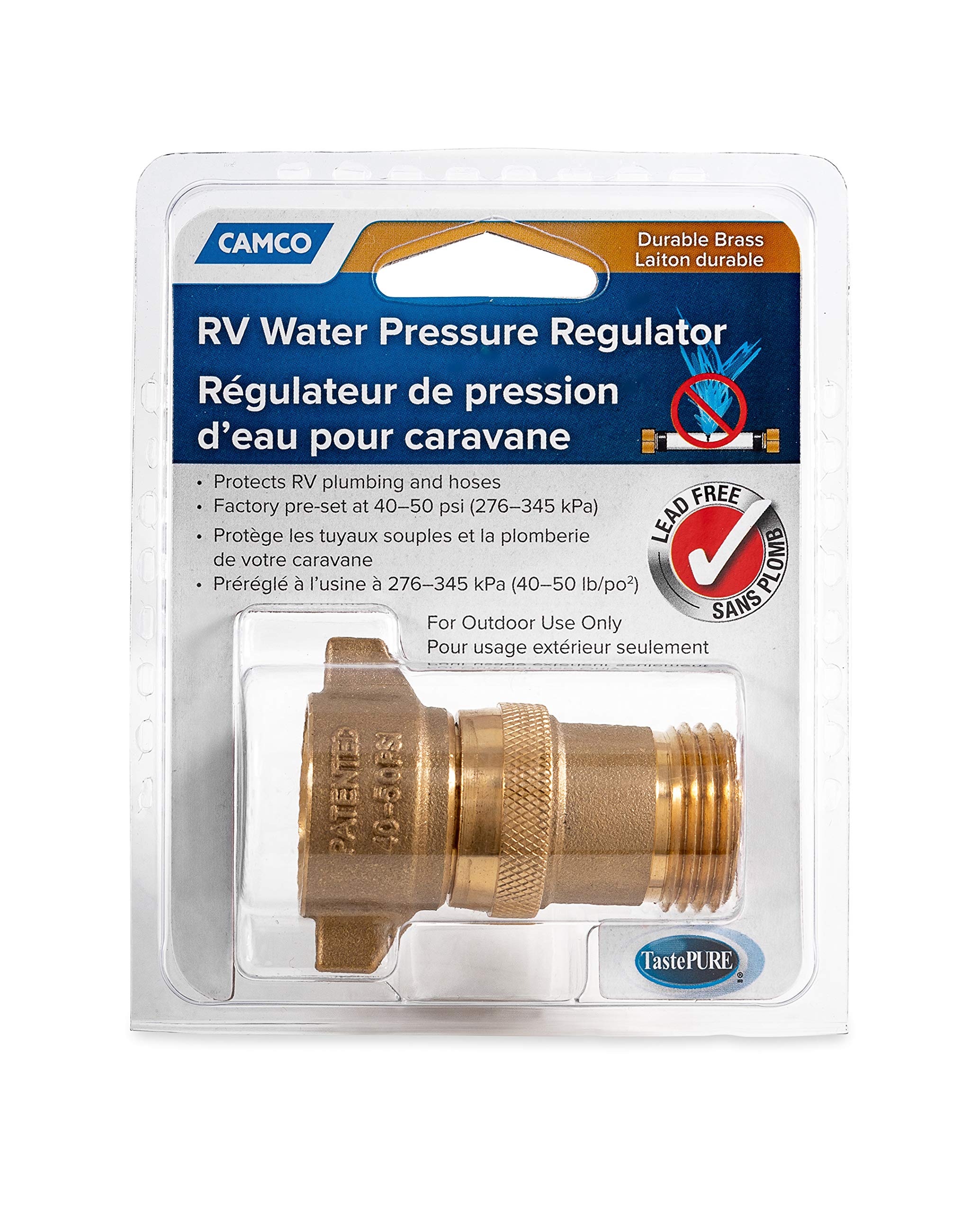 Camco (40055) RV Brass Inline Water Pressure Regulator Helps Protect