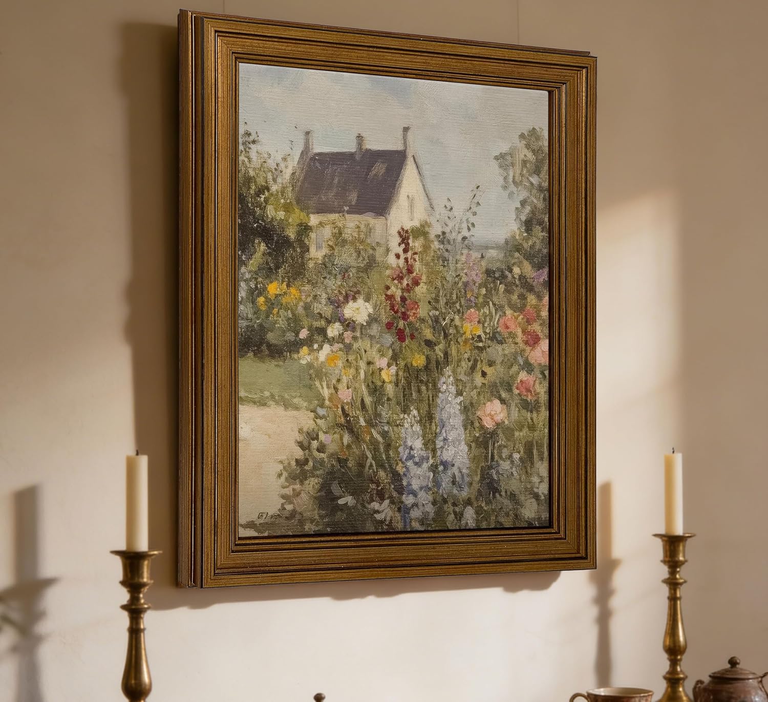 Vintage Gold Framed Wall Art for Living Room Garden Canvas Prints Spring Landscape Oil Painting Picture French Country Wall Decor for Living Room Bedroom Bathroom 16x24in