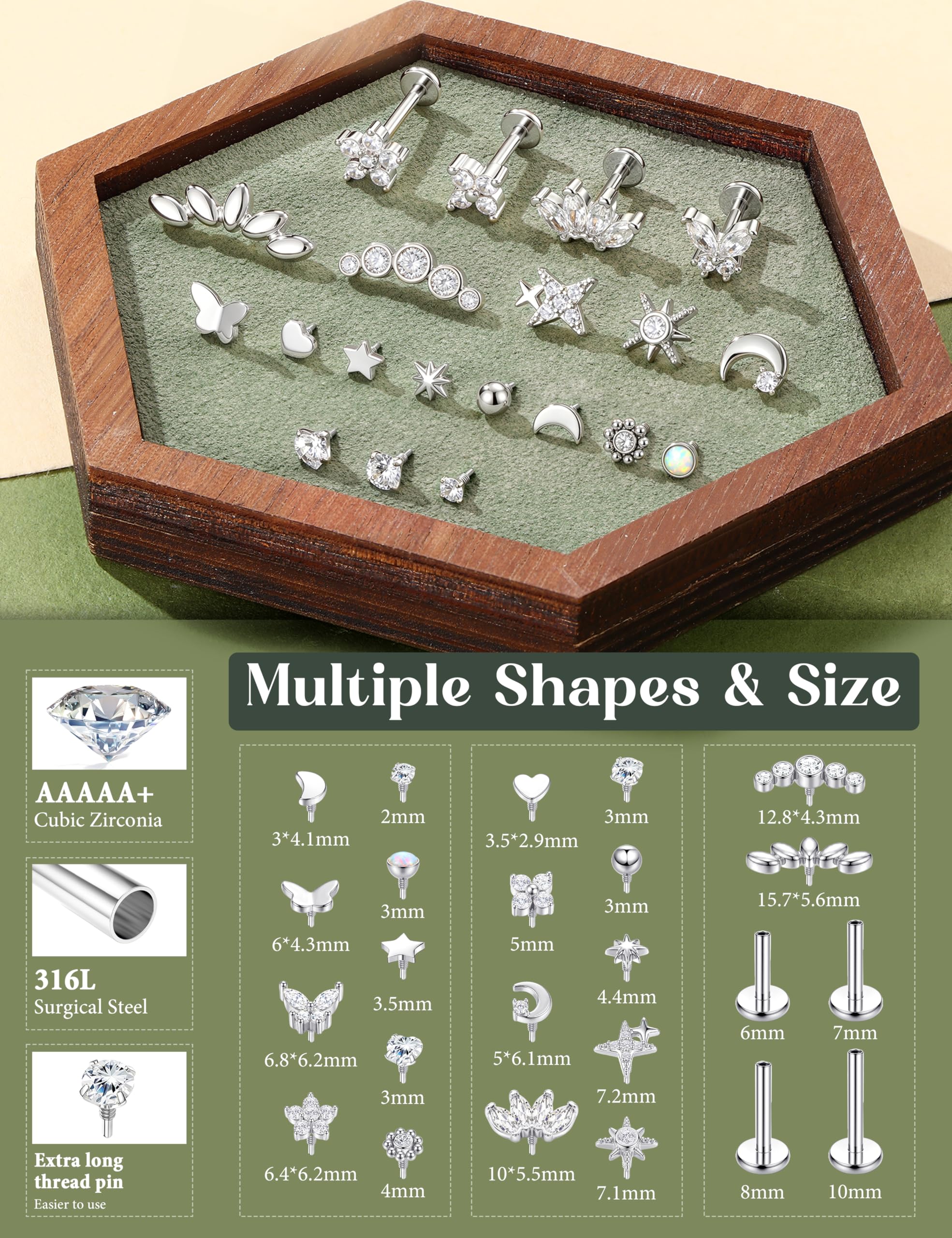 YADOCA 16G/18G tragus piercing biżuteria złoto srebro stal chirurgiczna wewnętrznie gwintowane płaskie kolczyki z tyłu cyrkonia warga bar kolczyk do nosa chrząstka labret muszla helix piercing