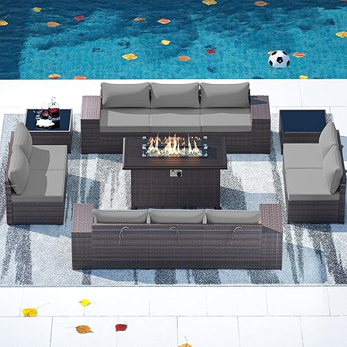 Gotland 13 Piece Large Outdoor Furniture Set, 10 Seater Wicker Patio Furniture Set, All Weather Deck Wicker Conversation Set with 43" Fire Pit Table has 10 Sofa Seats, 2 Coffee Tables and 4" Cushion