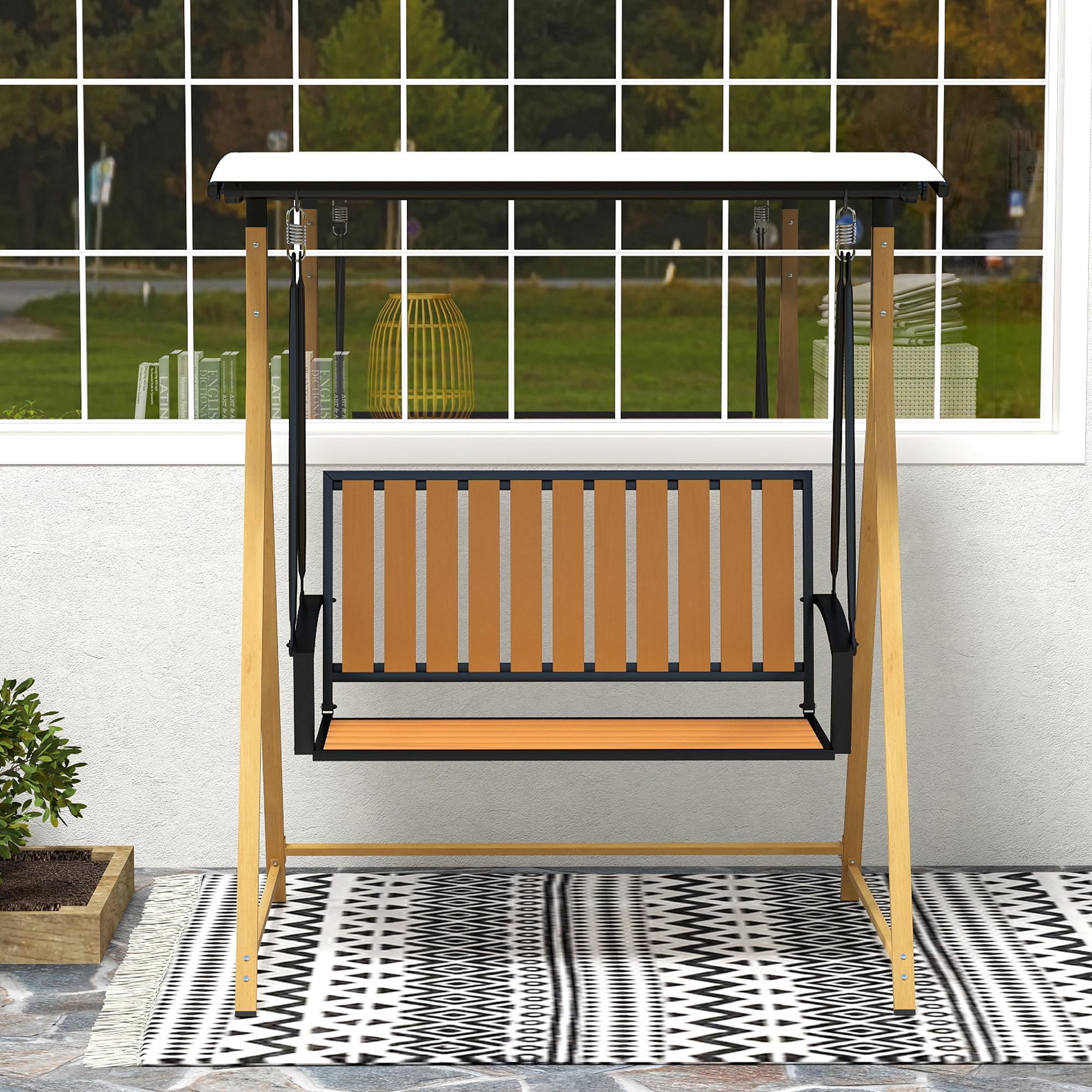 Outsunny Columpio de Jardín Exterior de 2 Plazas Grano de Madera Balancín de Jardín Exterior con Toldo Ajustable y Estructura de Metal Carga 240 kg 142x112x162 cm Natural y Beige