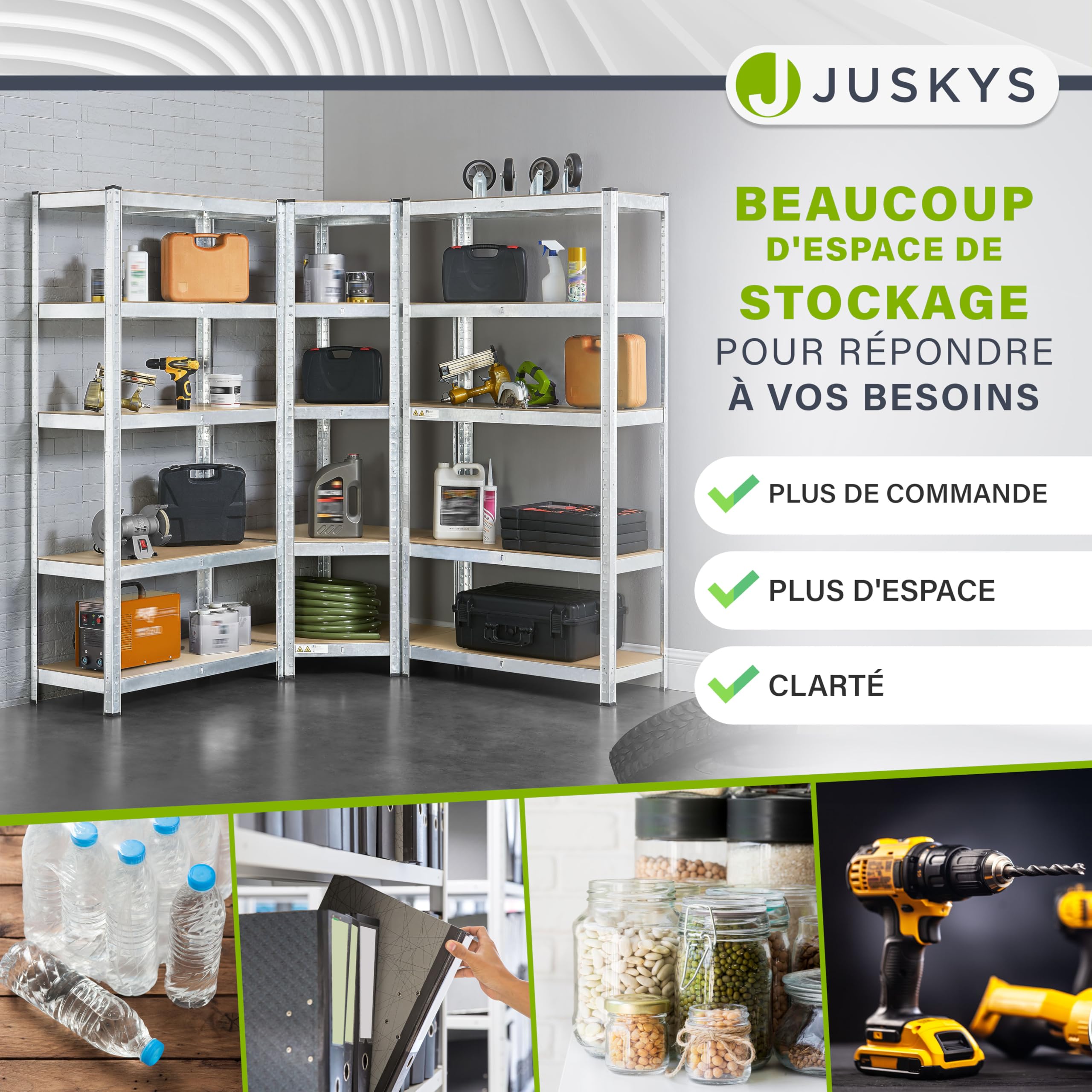 Juskys système de 3 étagères Basic| 1 étagère d'angle et 2 étagères de Stockage | 15 Planches en Bois MDF | 2 625 kg | Étagères pour Charges Lourdes étagère de Stockage étagère de Cave (argenté)