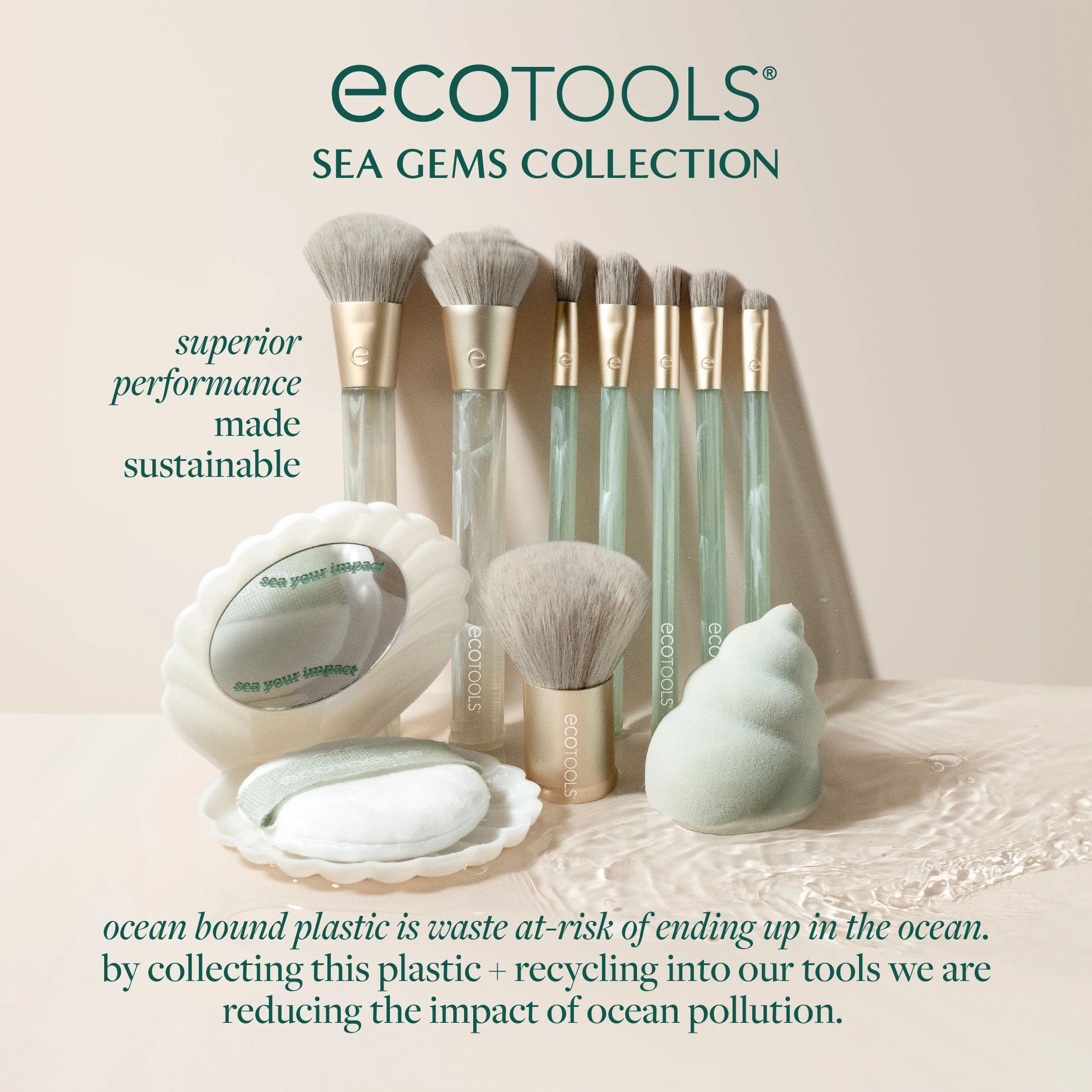 EcoTools Sea Gems Cream Blush Brush, Liquid & Cream Blush Makeup Brush for Smooth Buildable Cheek Color, Dense Rounded Bristles, Sustainable Design, Vegan & Cruelty-Free, 1 Count