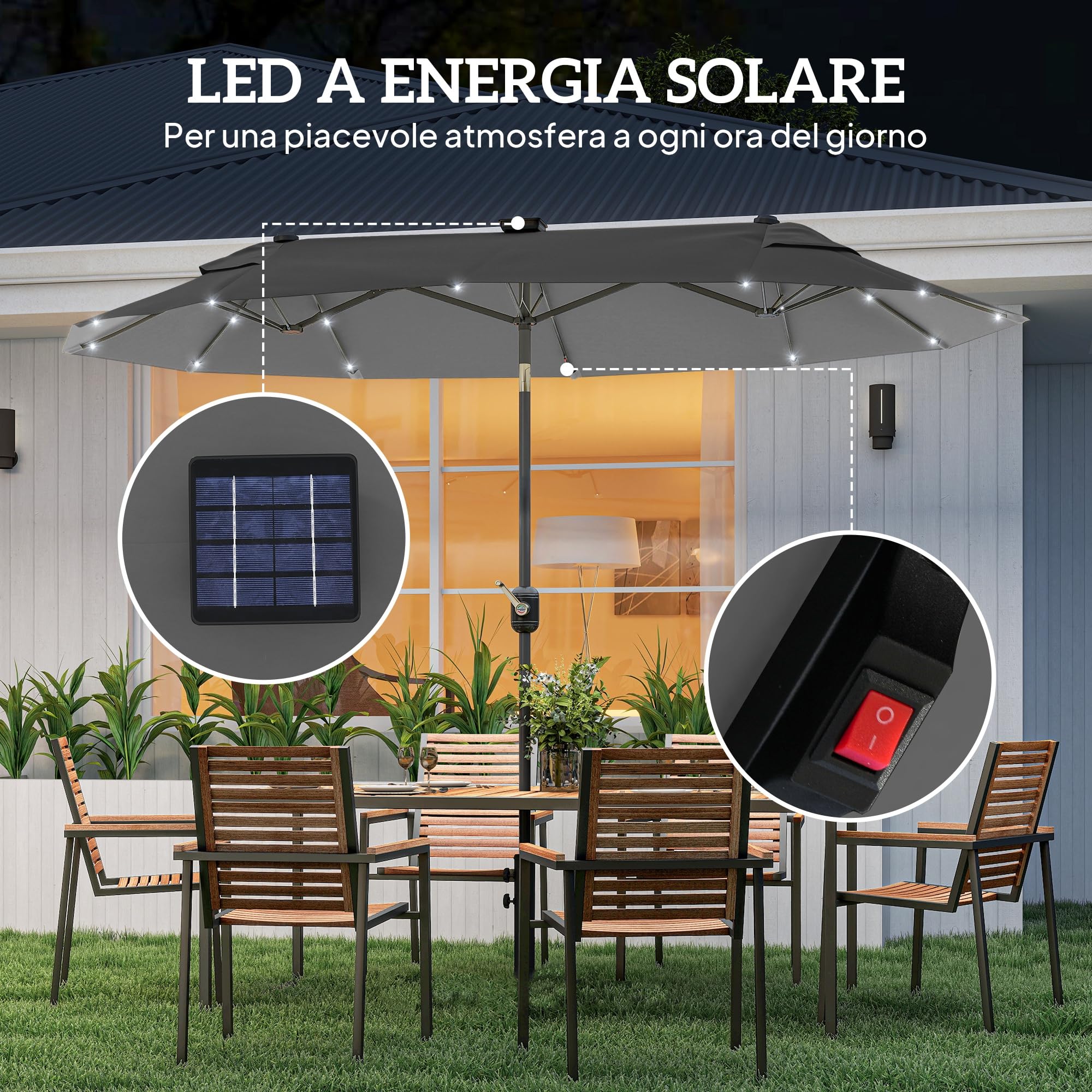 Outsunny Ombrellone da Giardino Doppio Inclinabile 295x150cm LED Grigio | con Manovella, Base a Croce, Prese d'Aria, 12 Stecche in Acciaio e Poliestere, per Giardino Terrazza Balcone