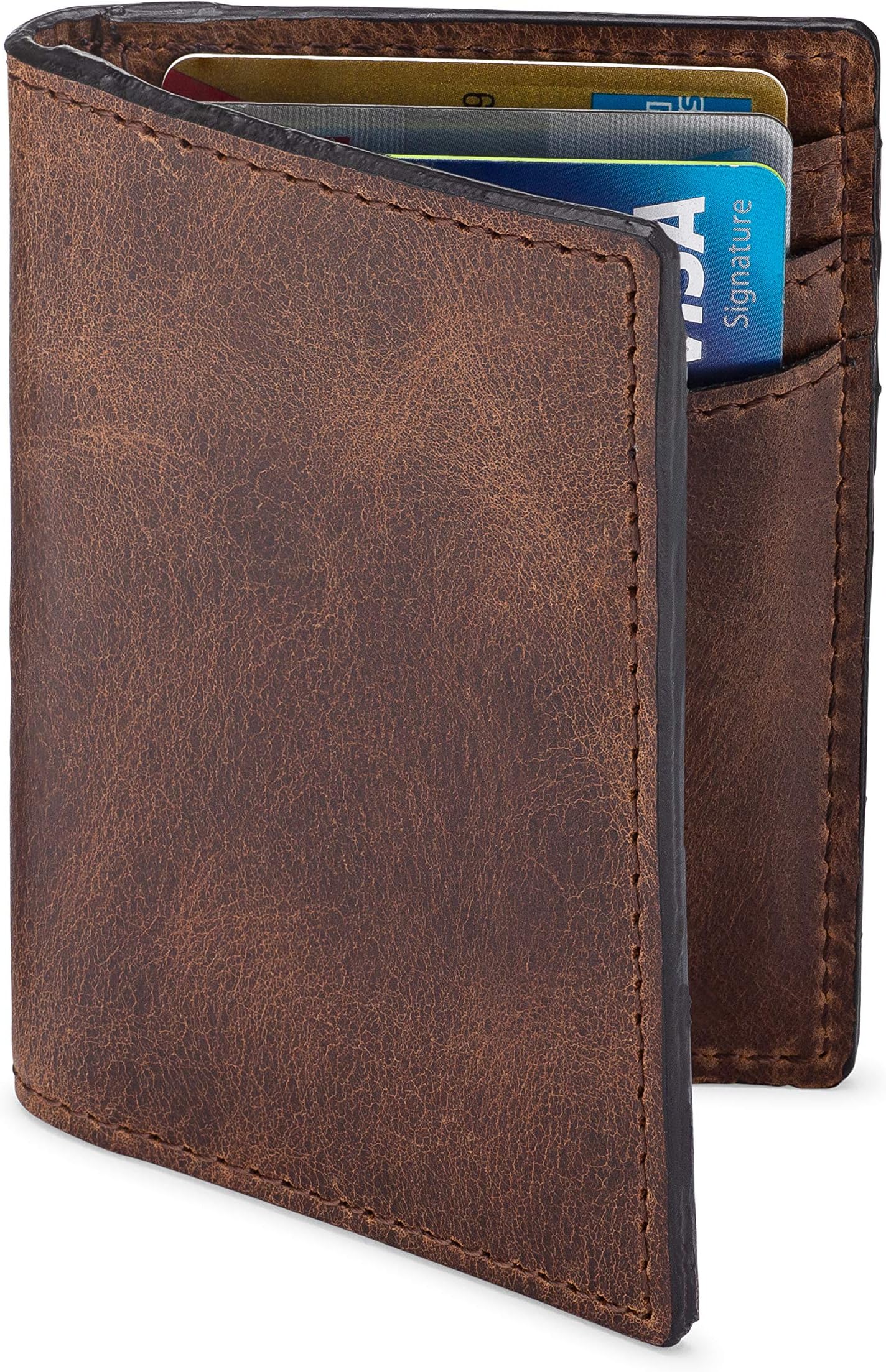 Slim Leather Credit Card Holder Wallet for Men | Full-Grain Leather, RFID Blocking, 6 Card Slots | Classic Brown